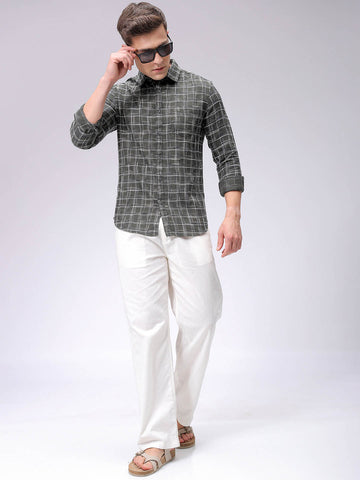 Men's Green Slim Fit Checked Casual Shirt