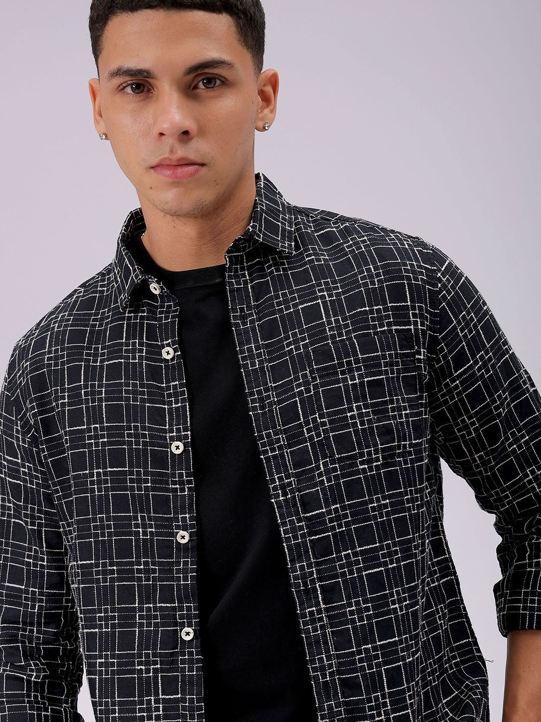 Men's Black Slim Fit Checked Casual Shirt