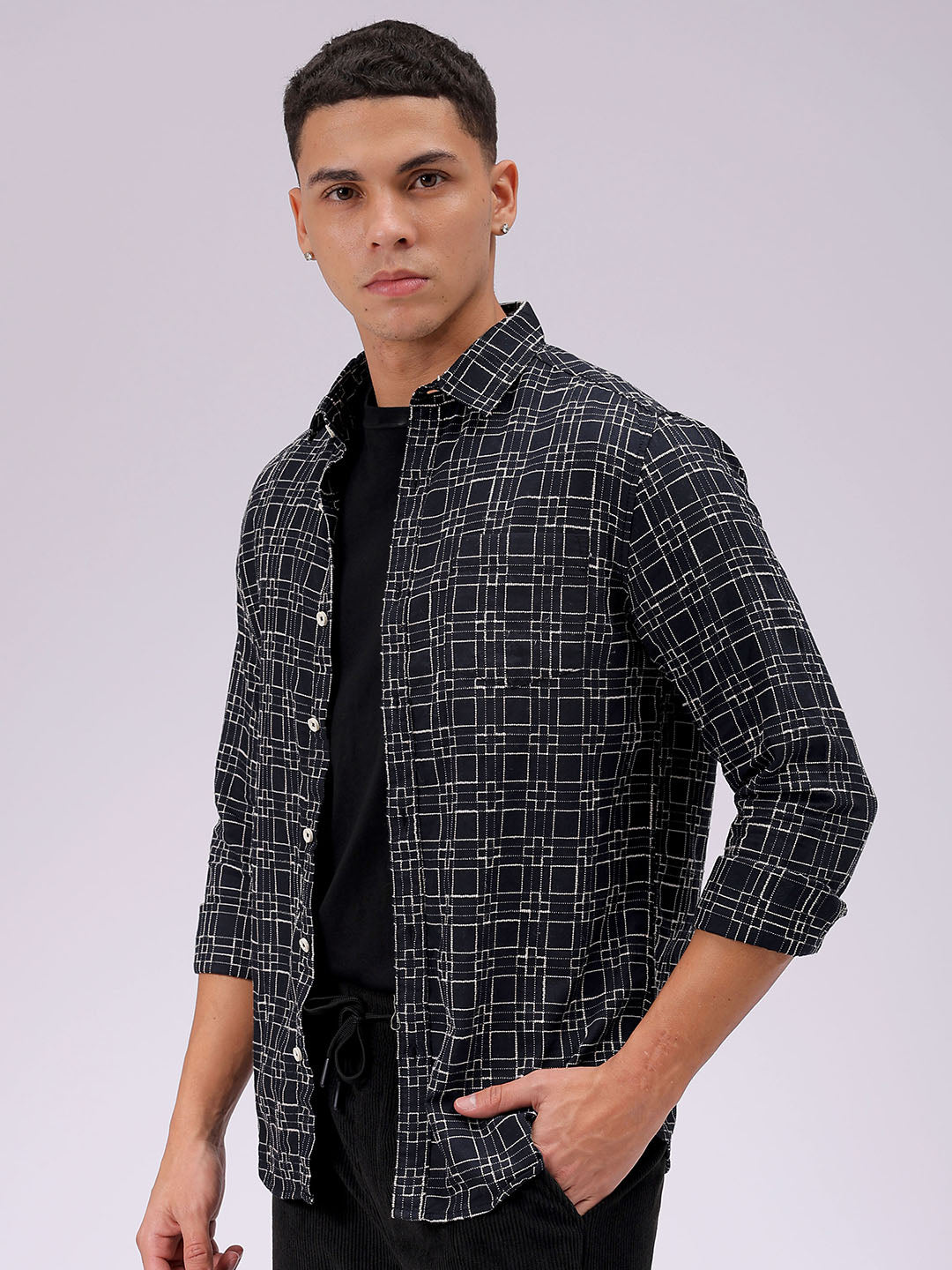 Men's Black Slim Fit Checked Casual Shirt