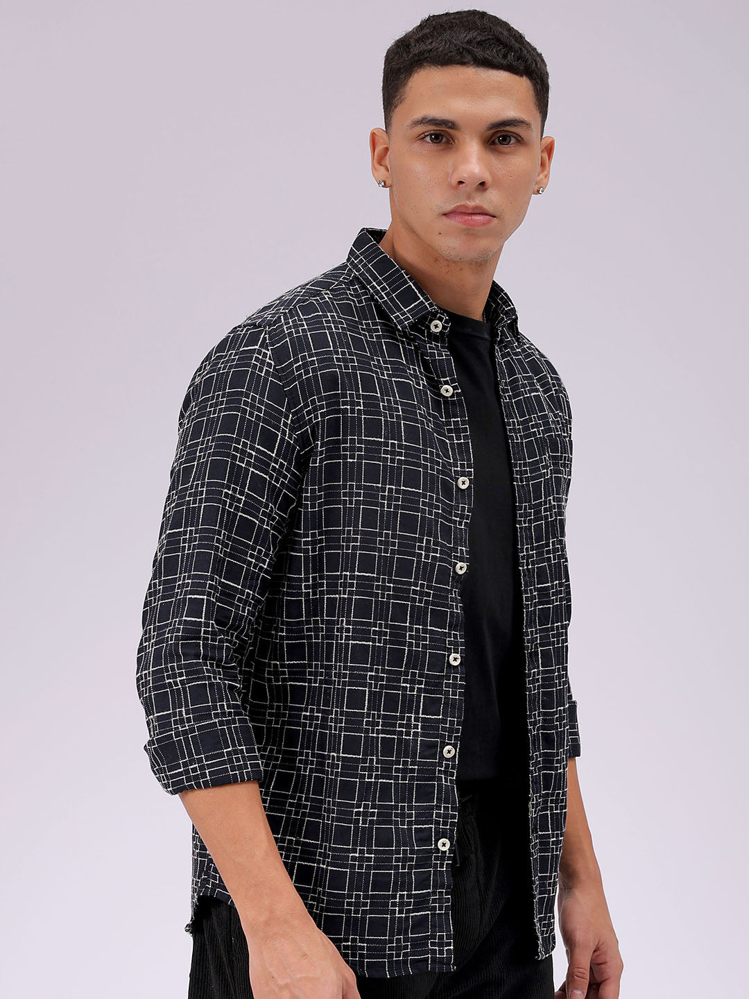 Men's Black Slim Fit Checked Casual Shirt