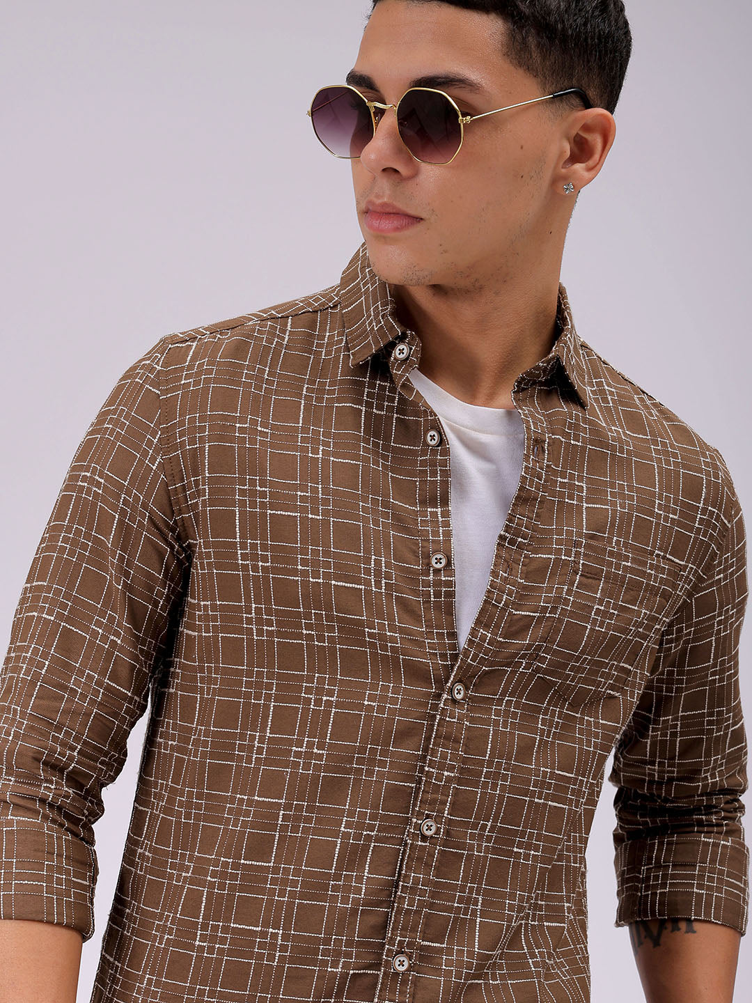 Men's Brown Slim Fit Checked Casual Shirt