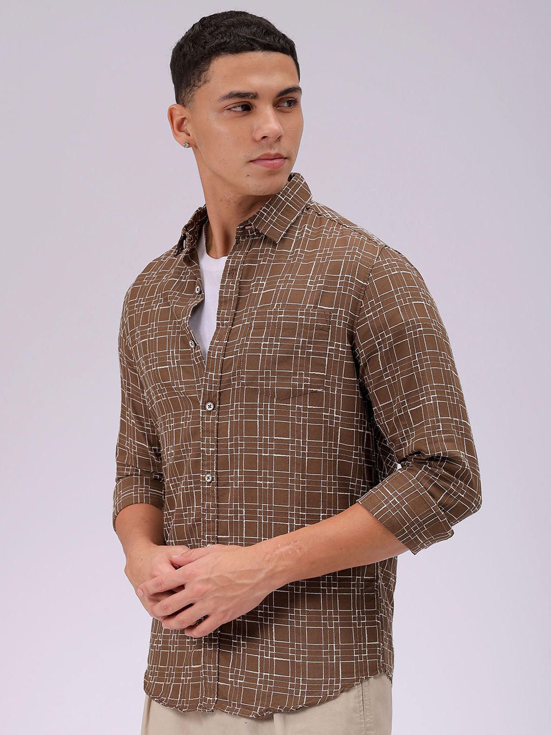 Men's Brown Slim Fit Checked Casual Shirt