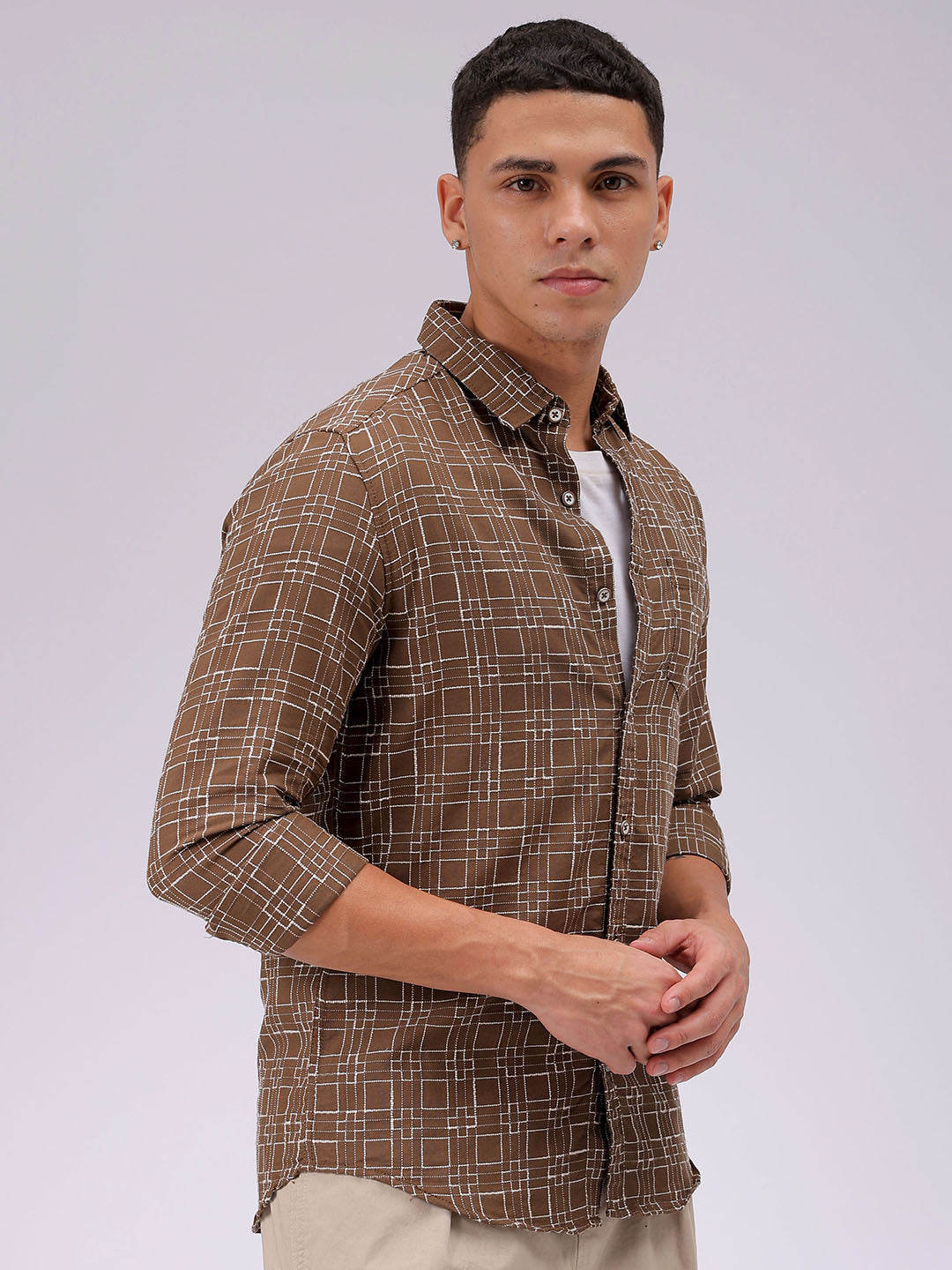 Men's Brown Slim Fit Checked Casual Shirt