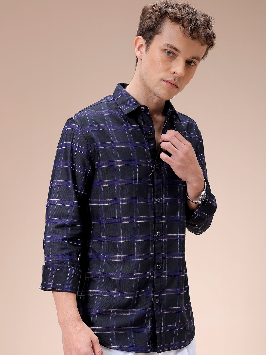 Men's Purple Slim Fit Checked Casual Shirt