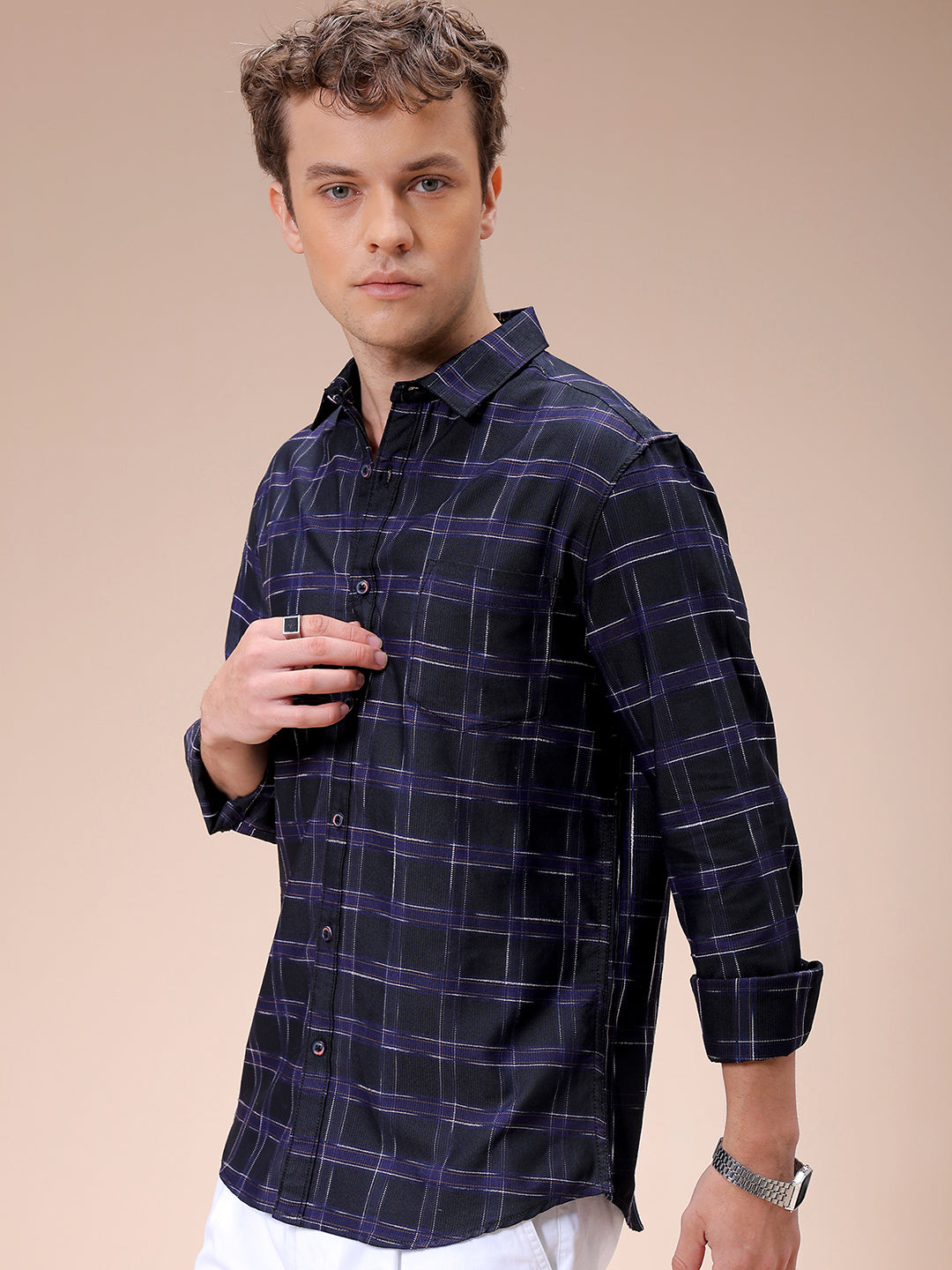 Men's Purple Slim Fit Checked Casual Shirt