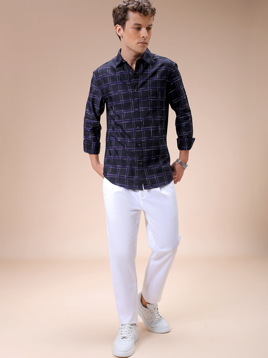 Men's Purple Slim Fit Checked Casual Shirt