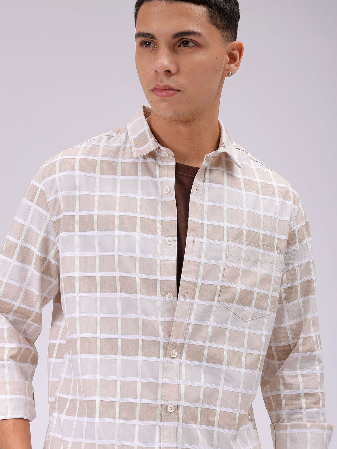 Men's Brown Slim Fit Checked Casual Shirt