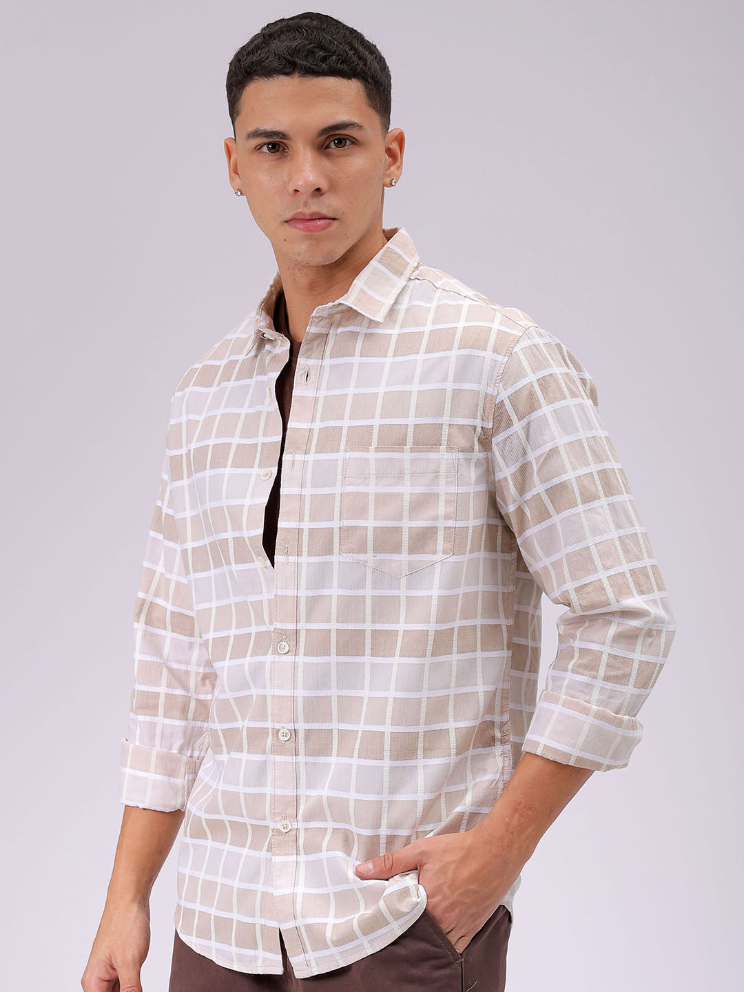 Men's Brown Slim Fit Checked Casual Shirt