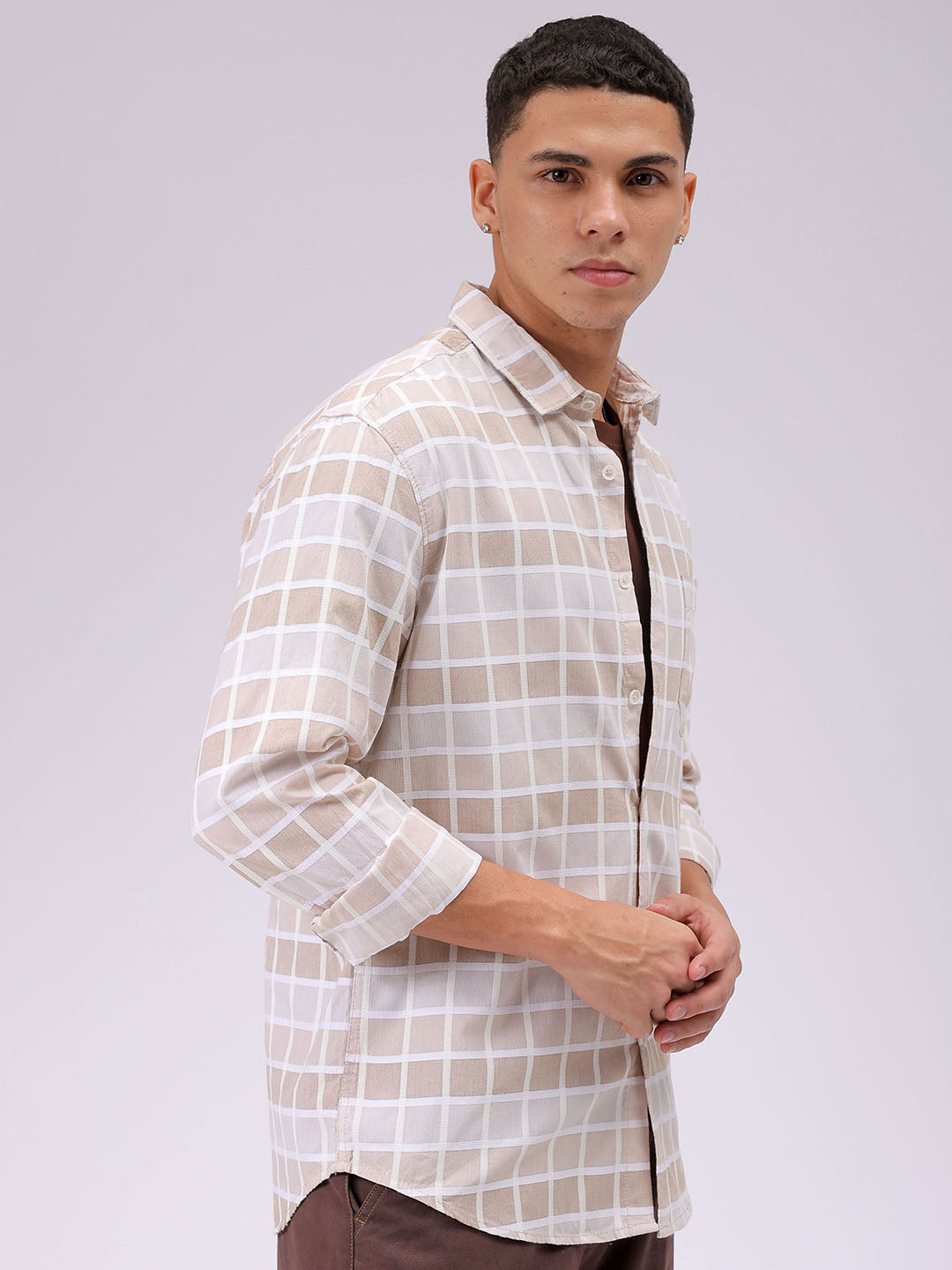 Men's Brown Slim Fit Checked Casual Shirt