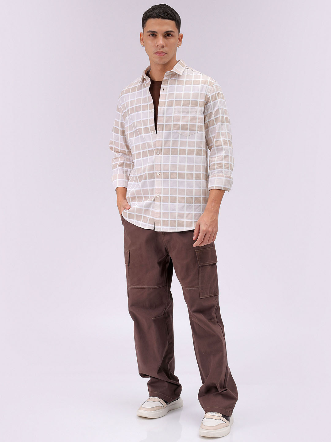 Men's Brown Slim Fit Checked Casual Shirt