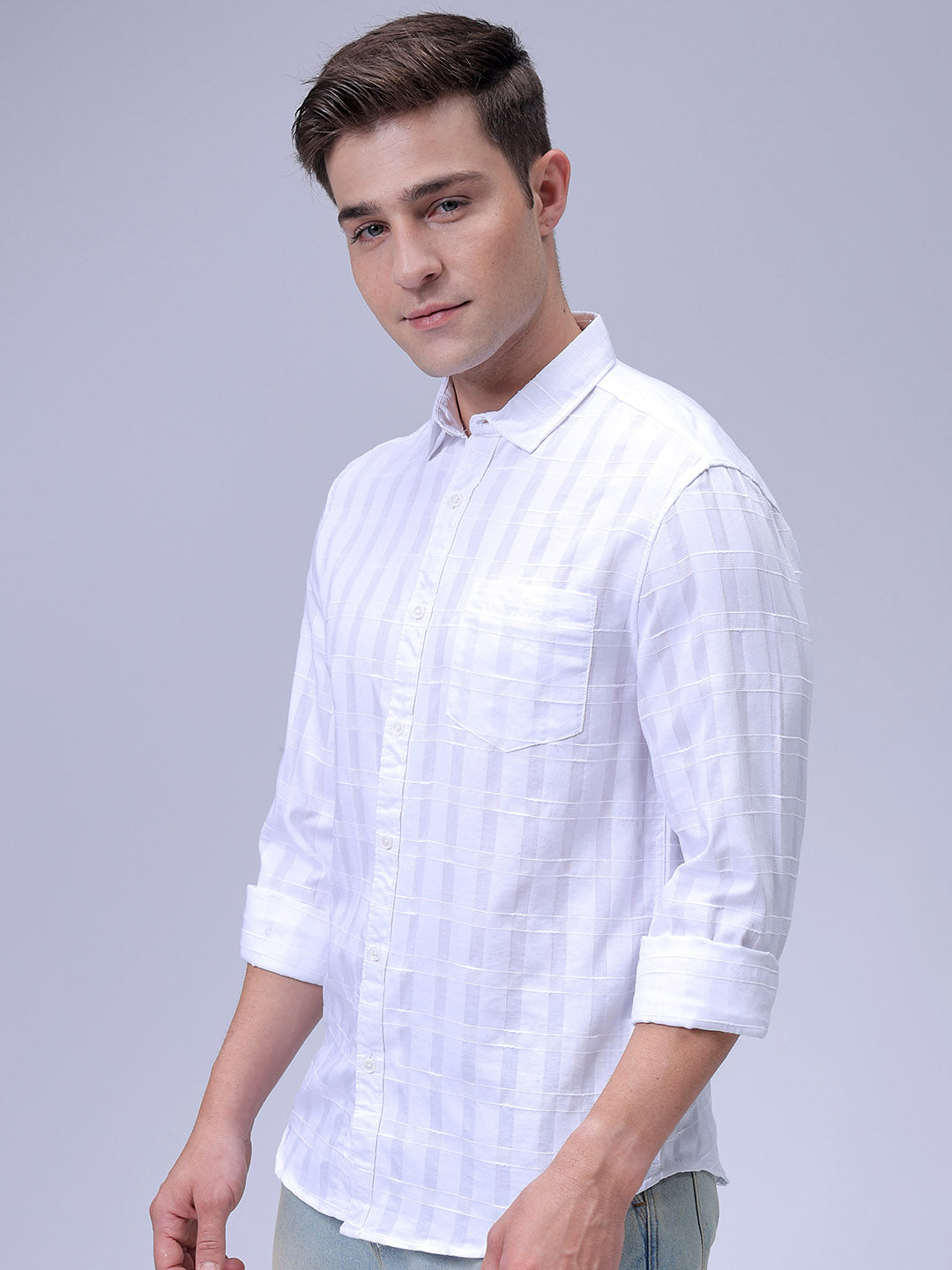 Men's White Slim Fit Checked Casual Shirt