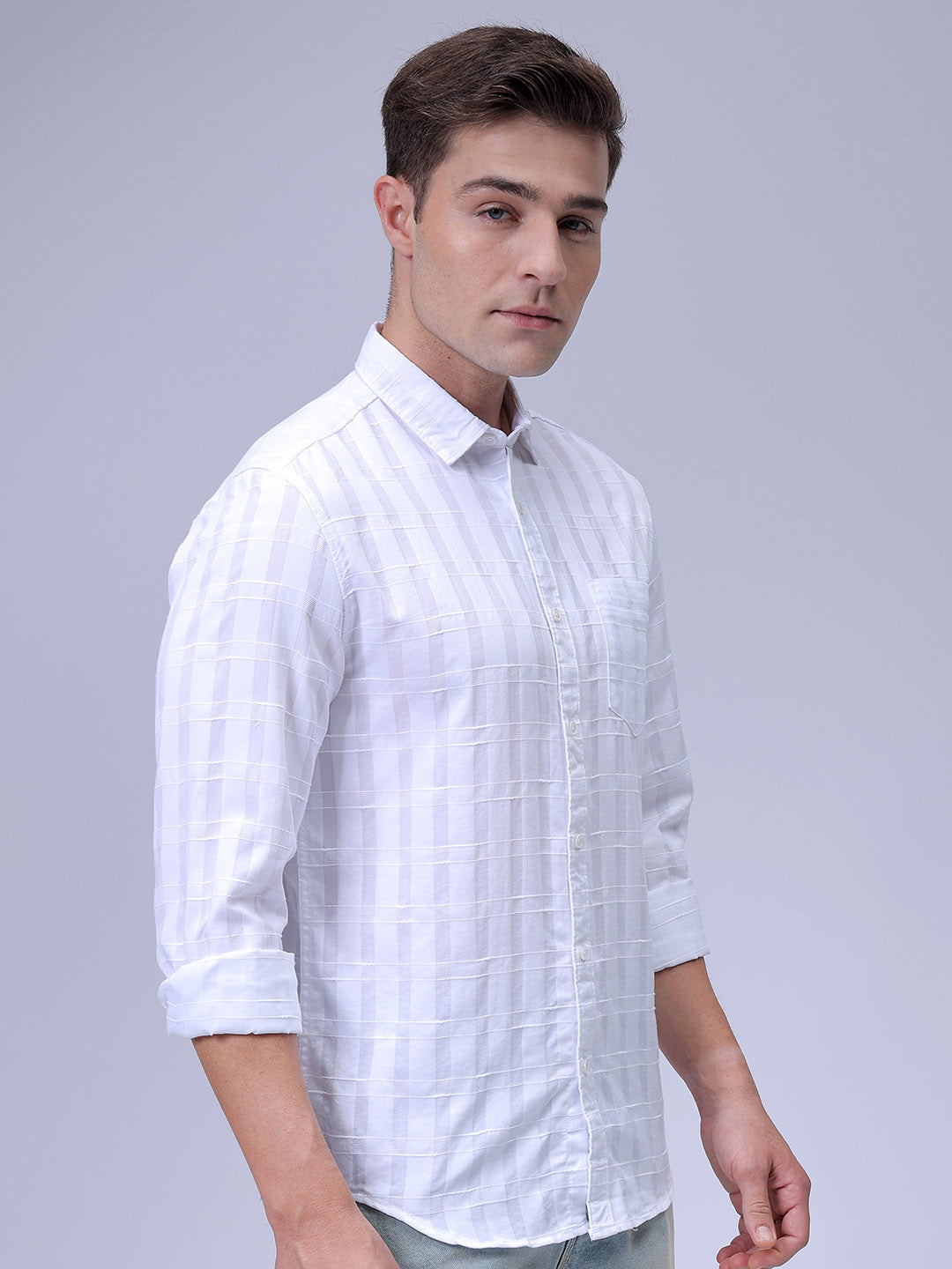 Men's White Slim Fit Checked Casual Shirt