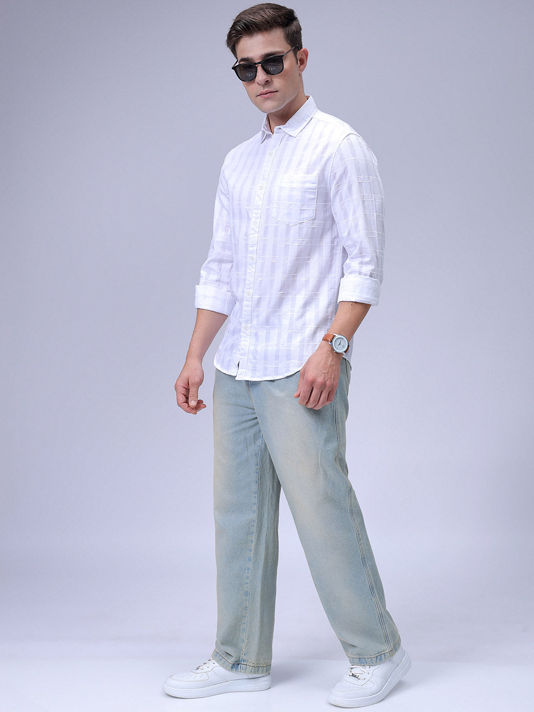 Men's White Slim Fit Checked Casual Shirt