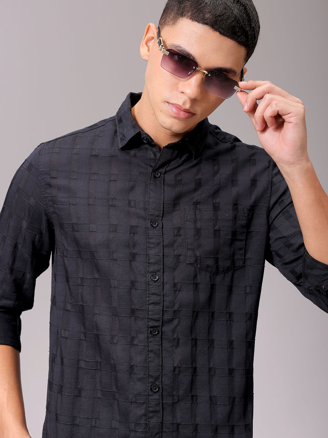 Men's Black Slim Fit Checked Casual Shirt