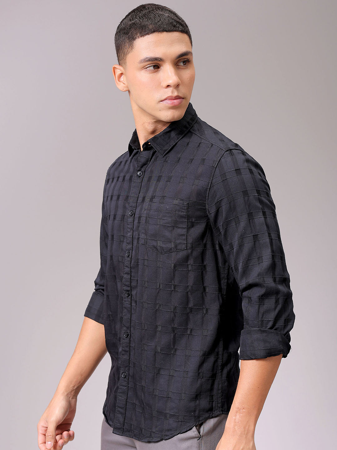 Men's Black Slim Fit Checked Casual Shirt