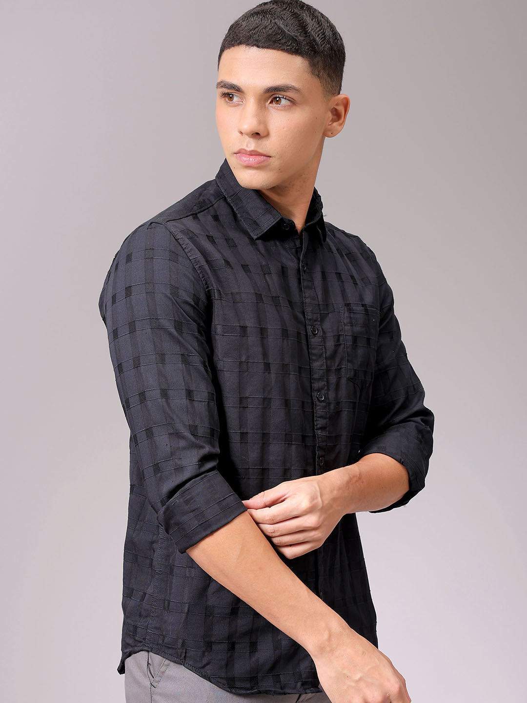 Men's Black Slim Fit Checked Casual Shirt