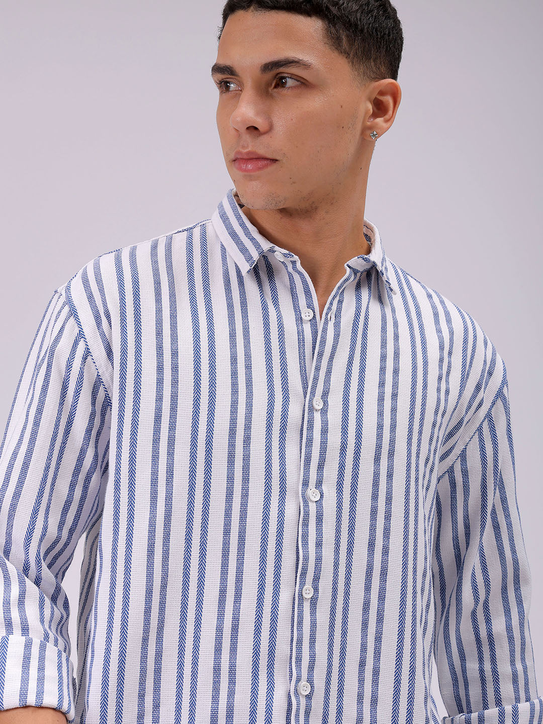 Men's Blue Relaxed Fit Striped Resortwear Shirt