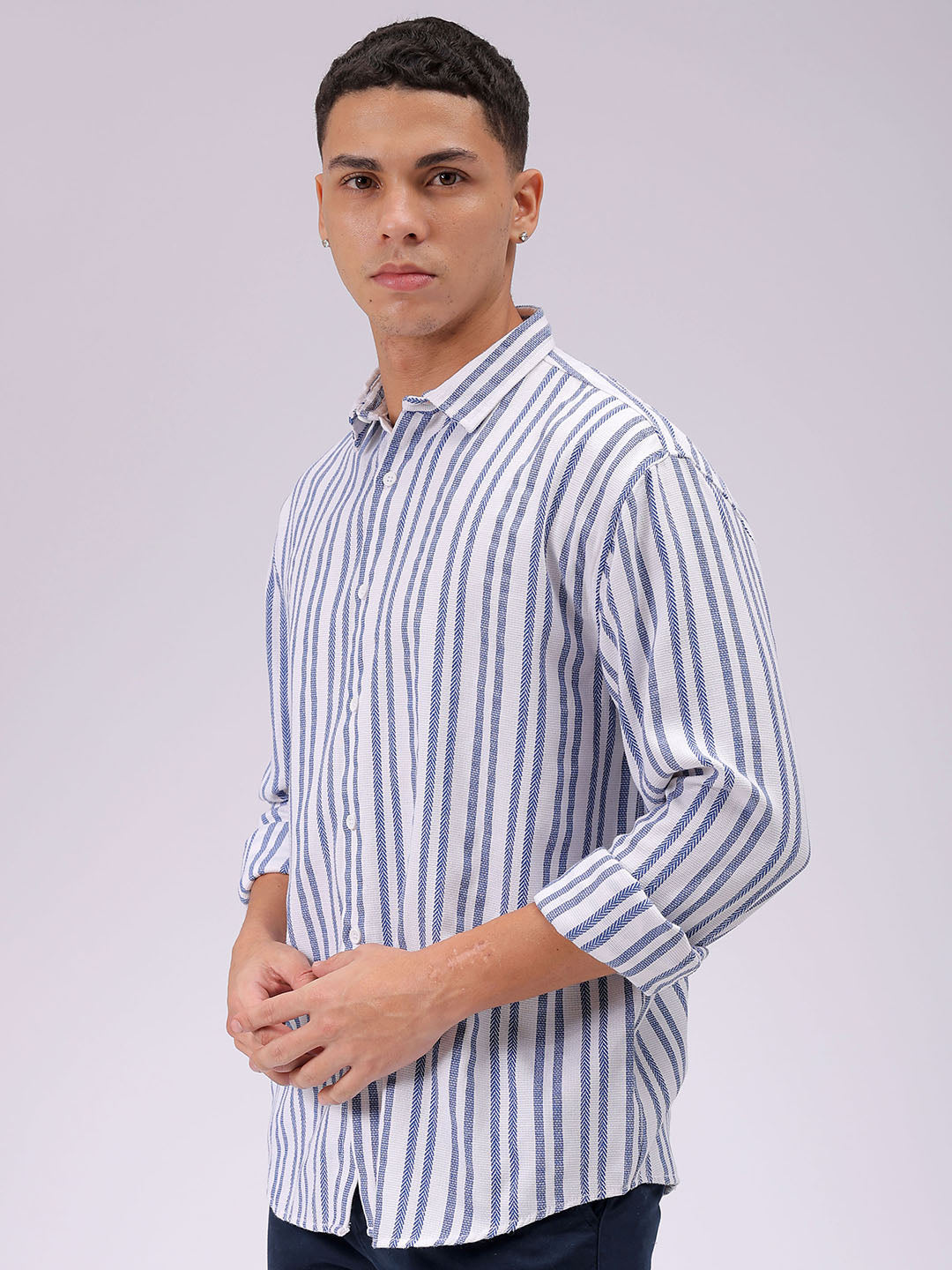 Men's Blue Relaxed Fit Striped Resortwear Shirt