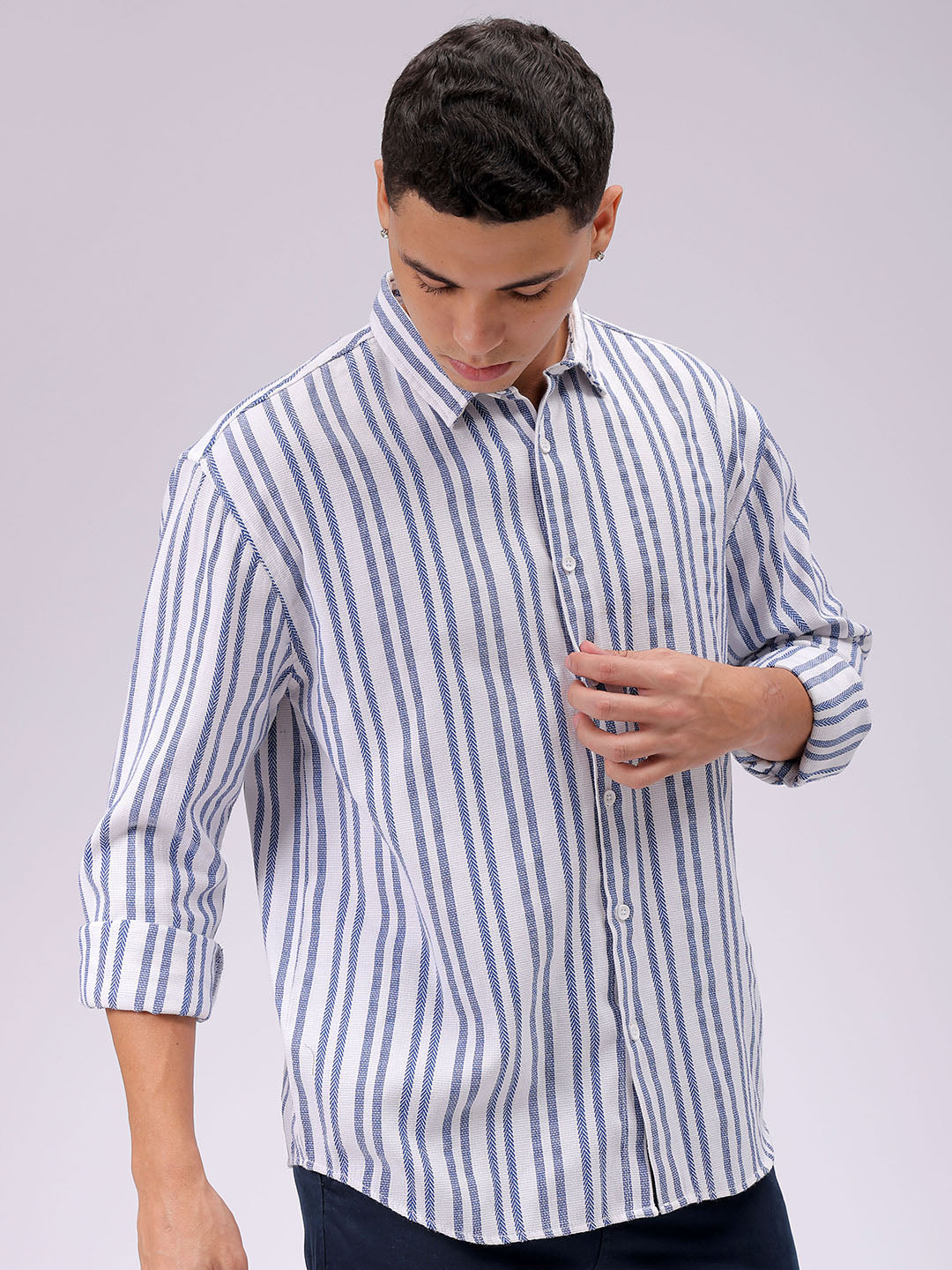 Men's Blue Relaxed Fit Striped Resortwear Shirt