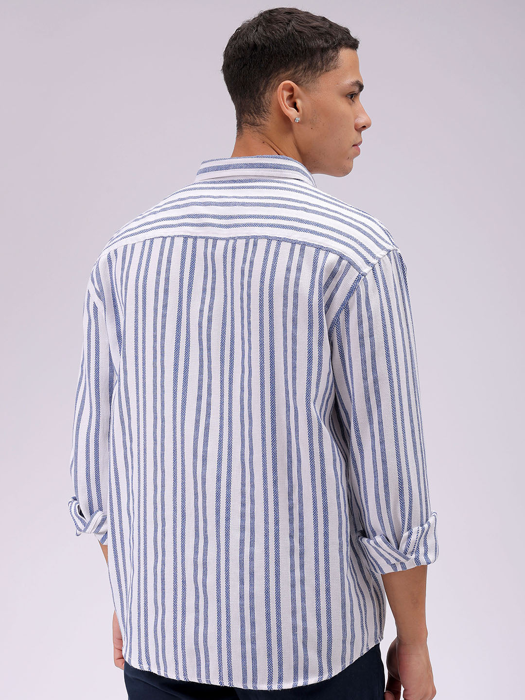 Men's Blue Relaxed Fit Striped Resortwear Shirt