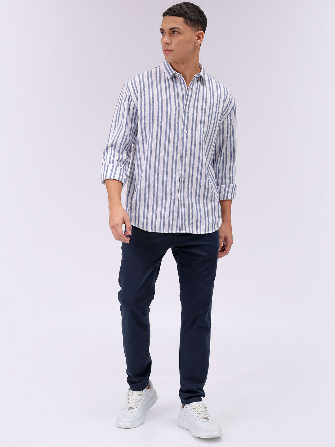 Men's Blue Relaxed Fit Striped Resortwear Shirt