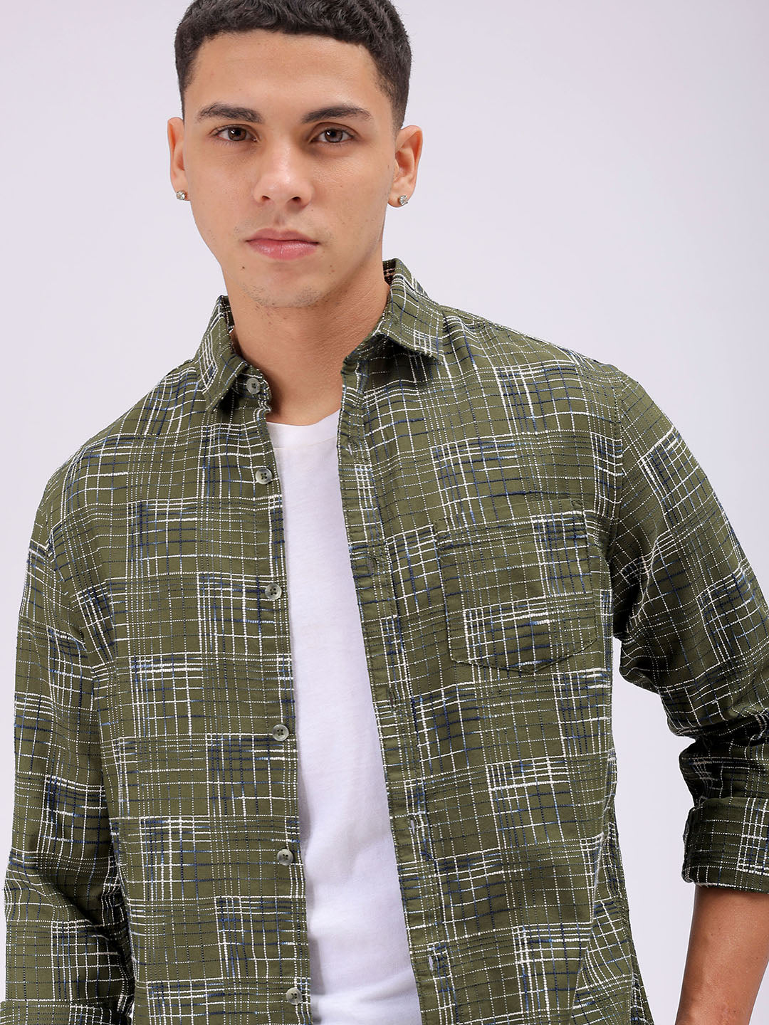 Men's Olive Slim Fit Checked Casual Shirt