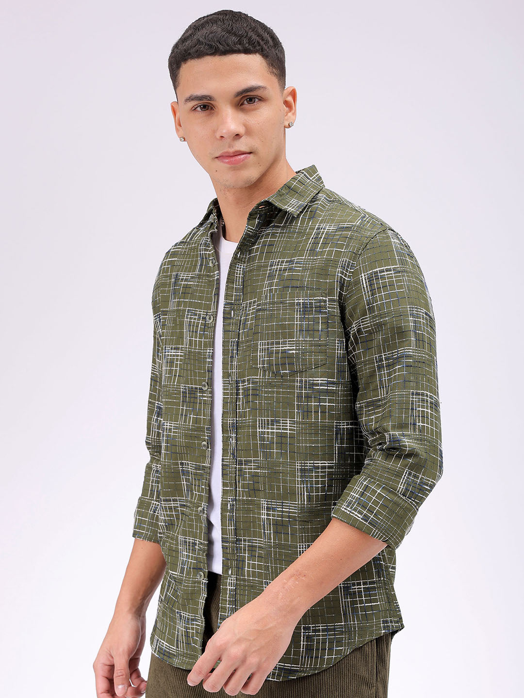 Men's Olive Slim Fit Checked Casual Shirt