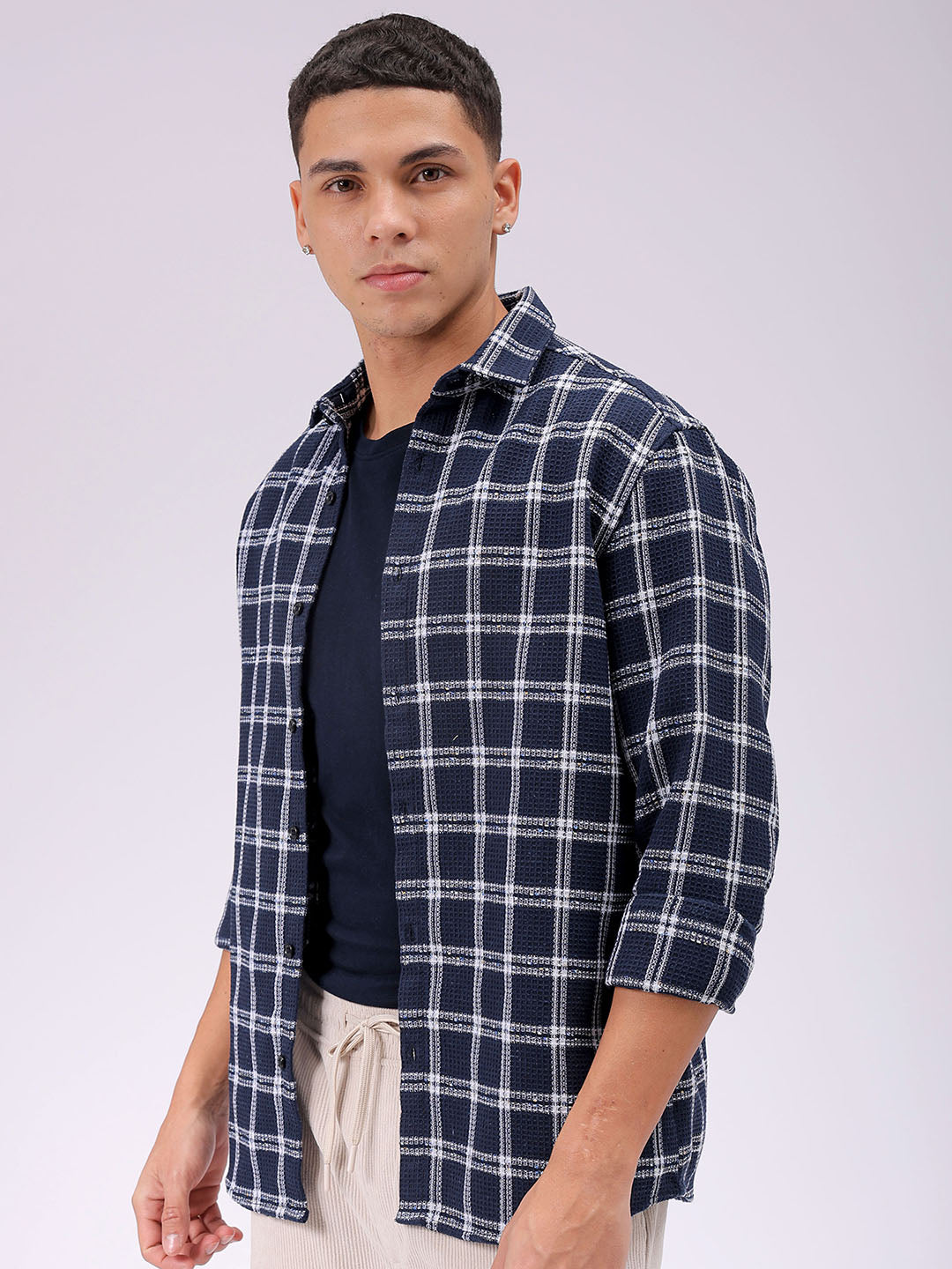 Men's Navy Blue Regular Fit Checked Resortwear Shirt