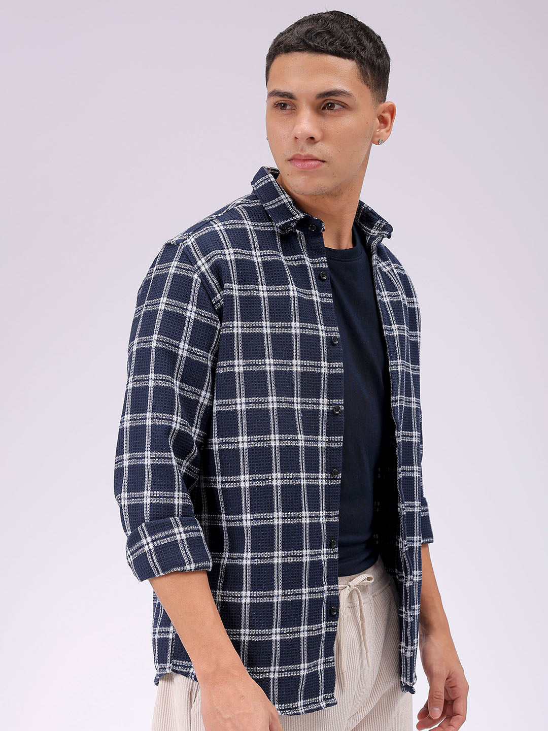 Men's Navy Blue Regular Fit Checked Resortwear Shirt