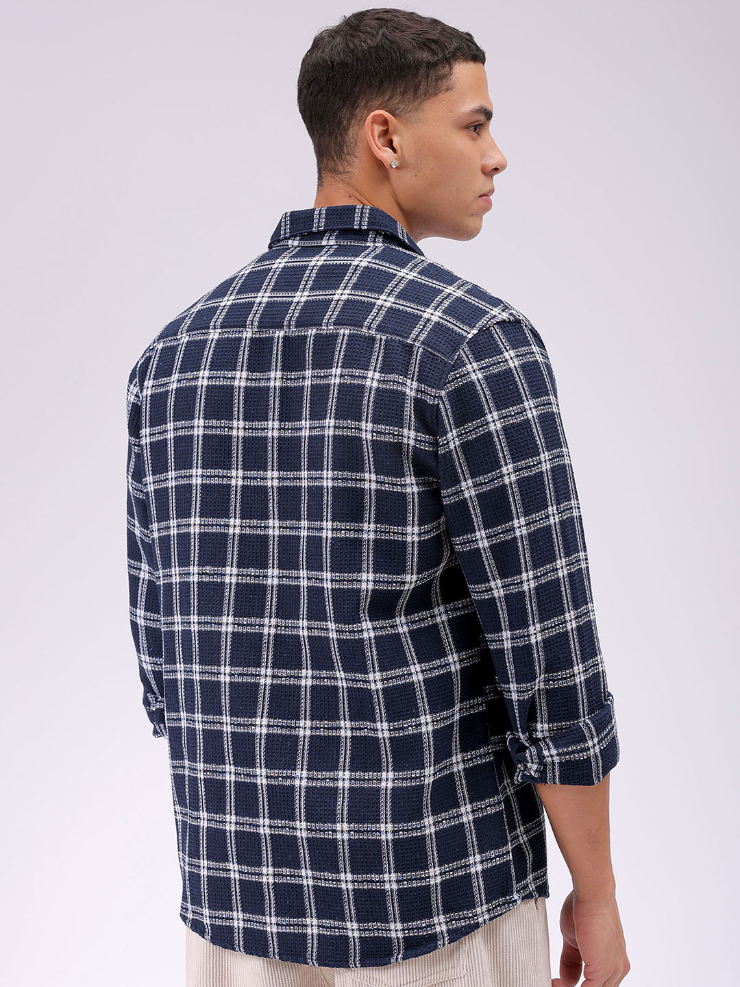 Men's Navy Blue Regular Fit Checked Resortwear Shirt