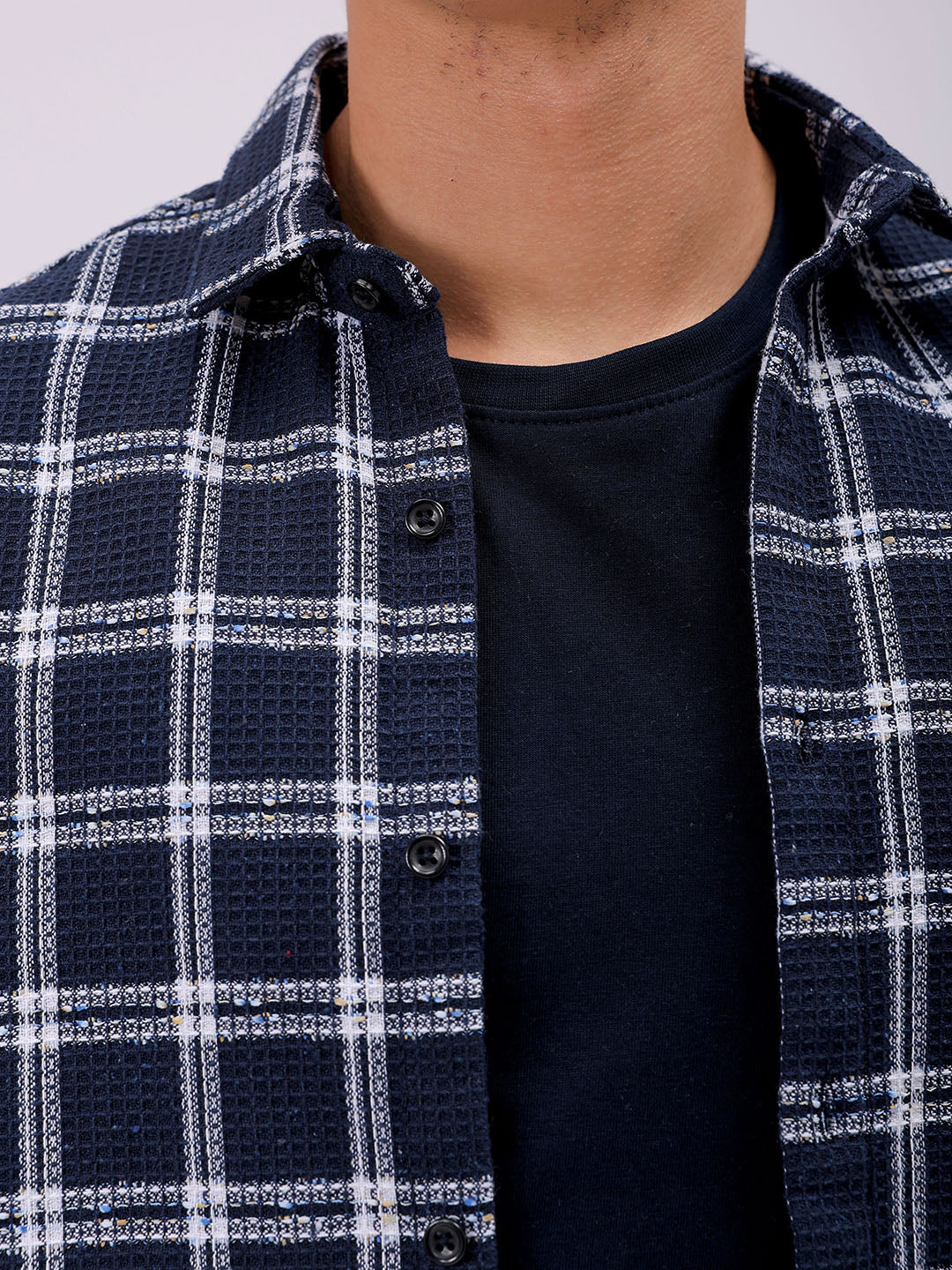 Men's Navy Blue Regular Fit Checked Resortwear Shirt