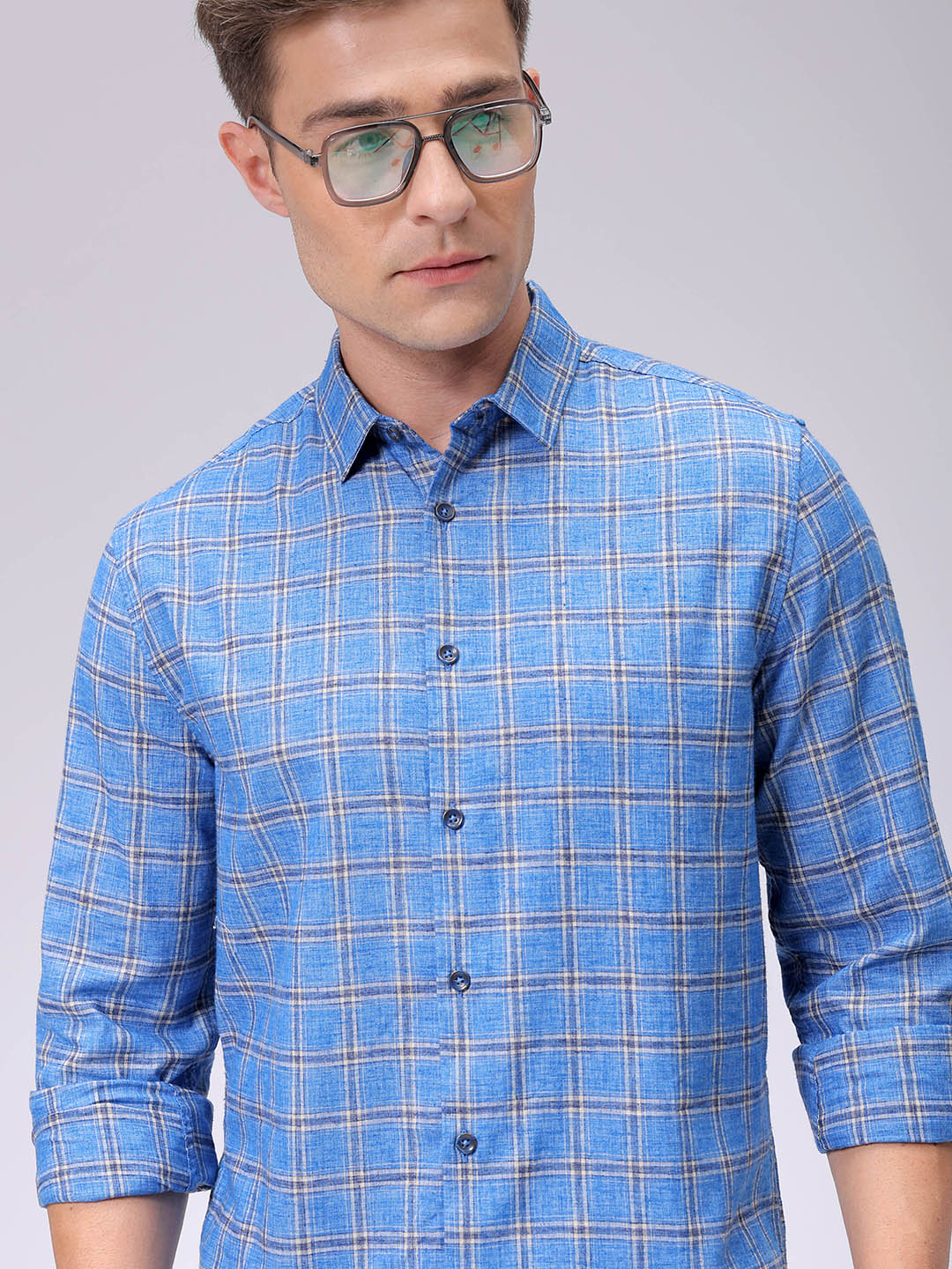 Men's Blue Slim Fit Checked Casual Shirt