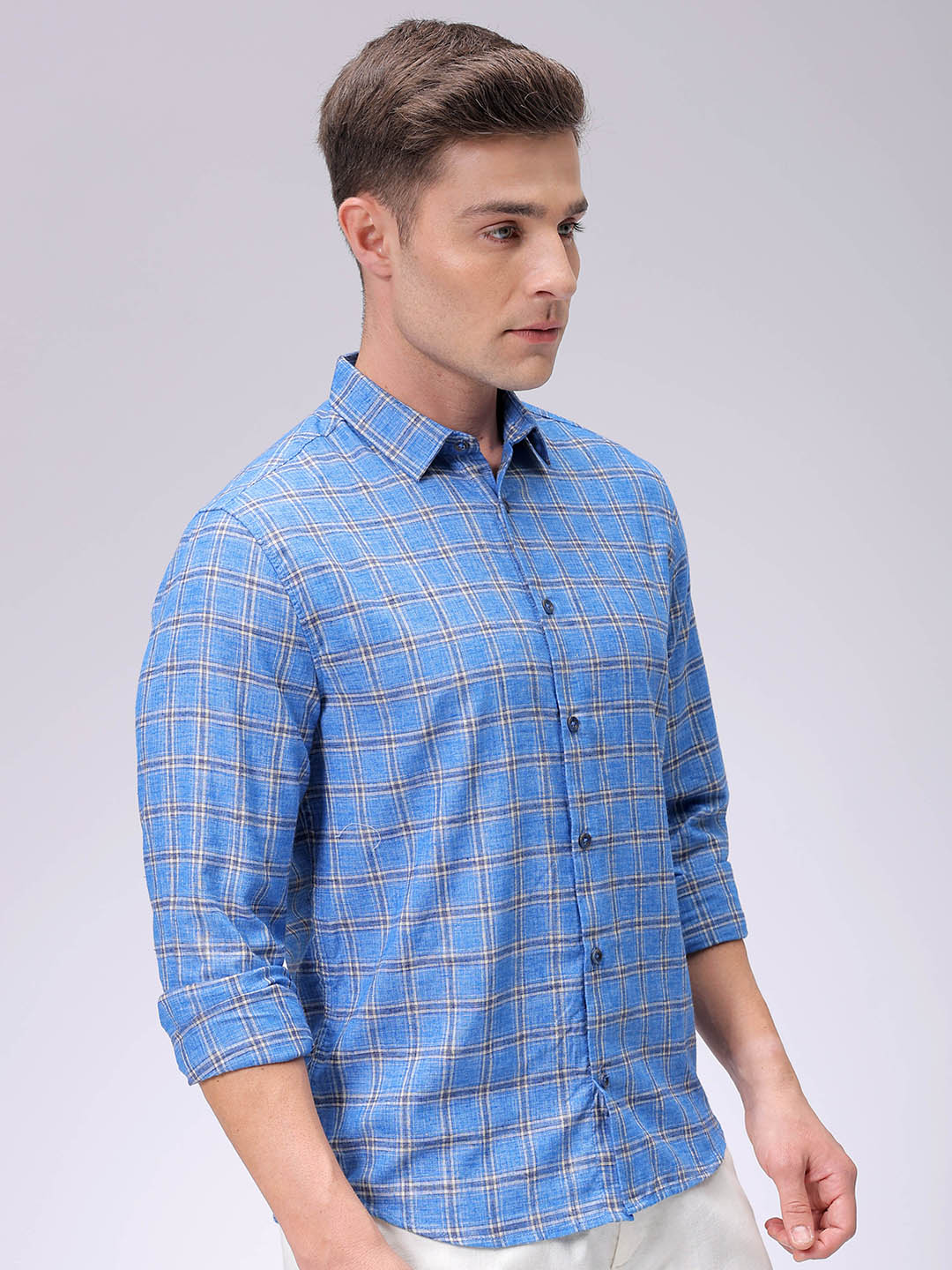 Men's Blue Slim Fit Checked Casual Shirt