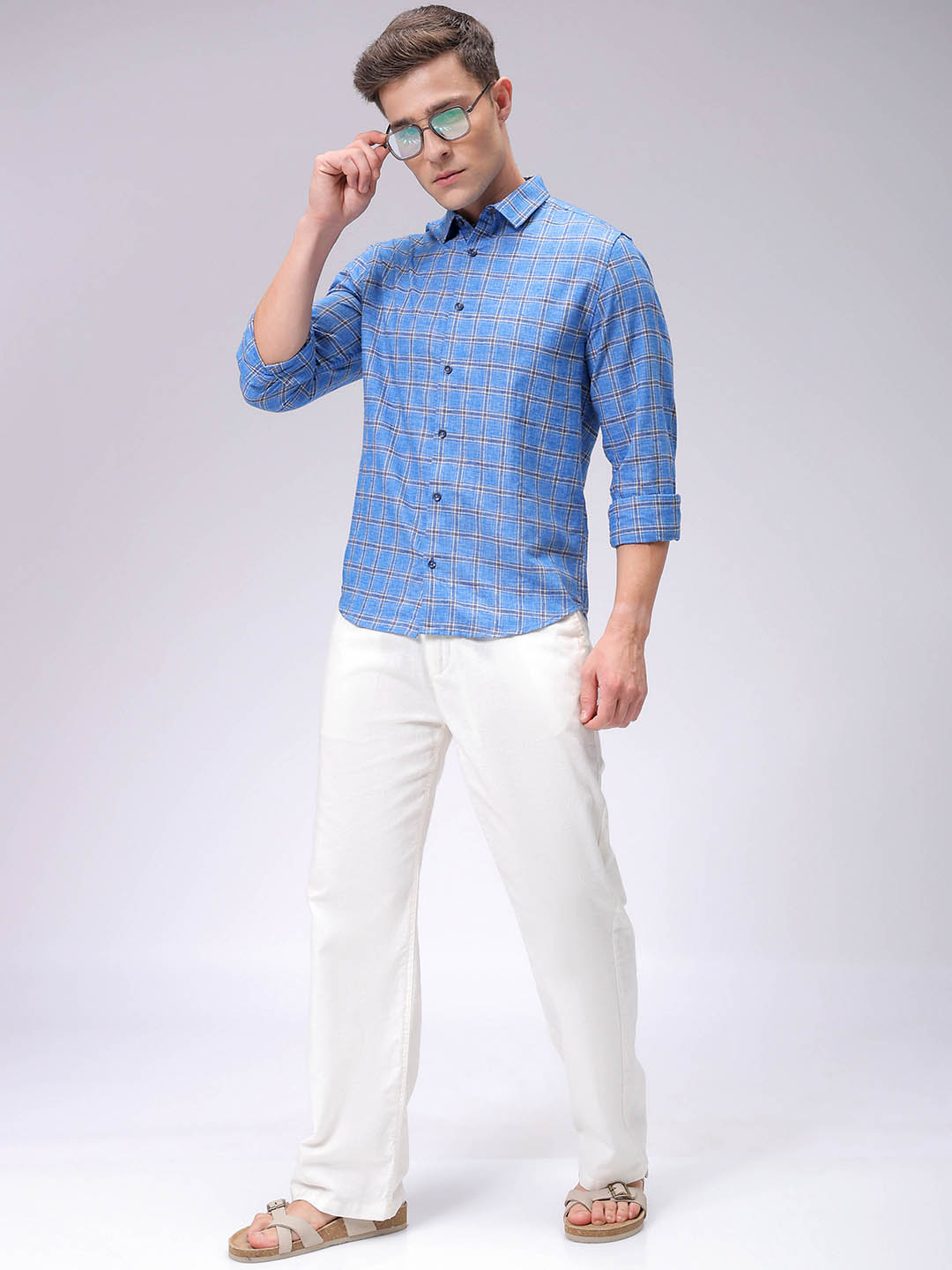 Men's Blue Slim Fit Checked Casual Shirt