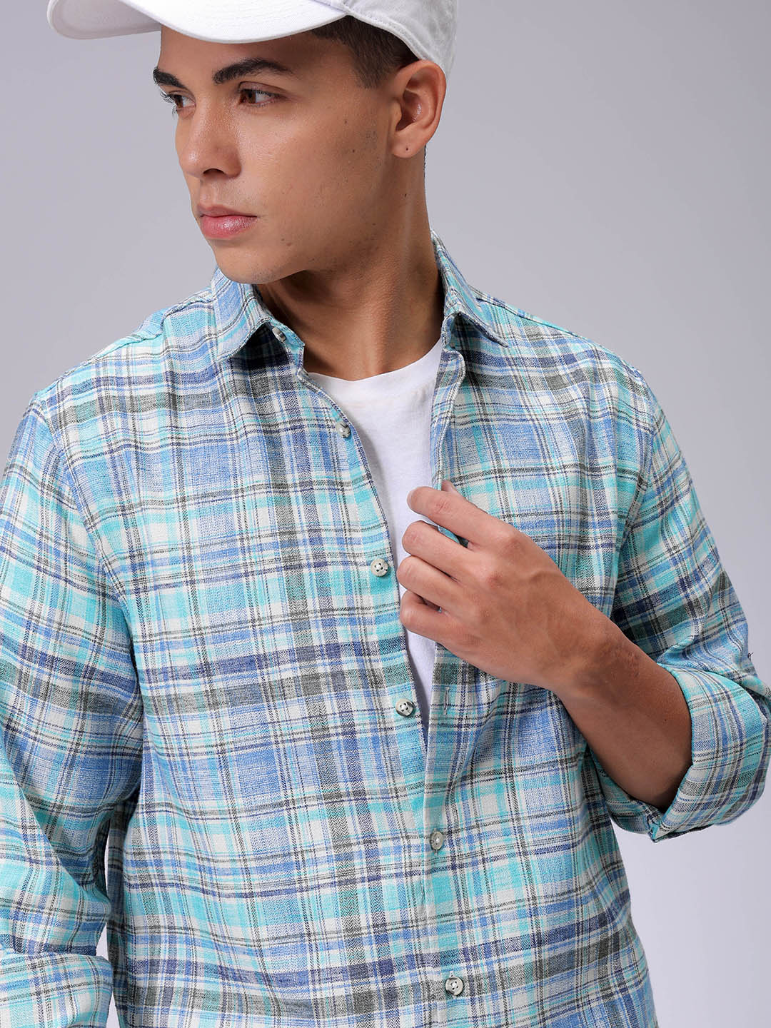 Men's Blue Slim Fit Checked Casual Shirt