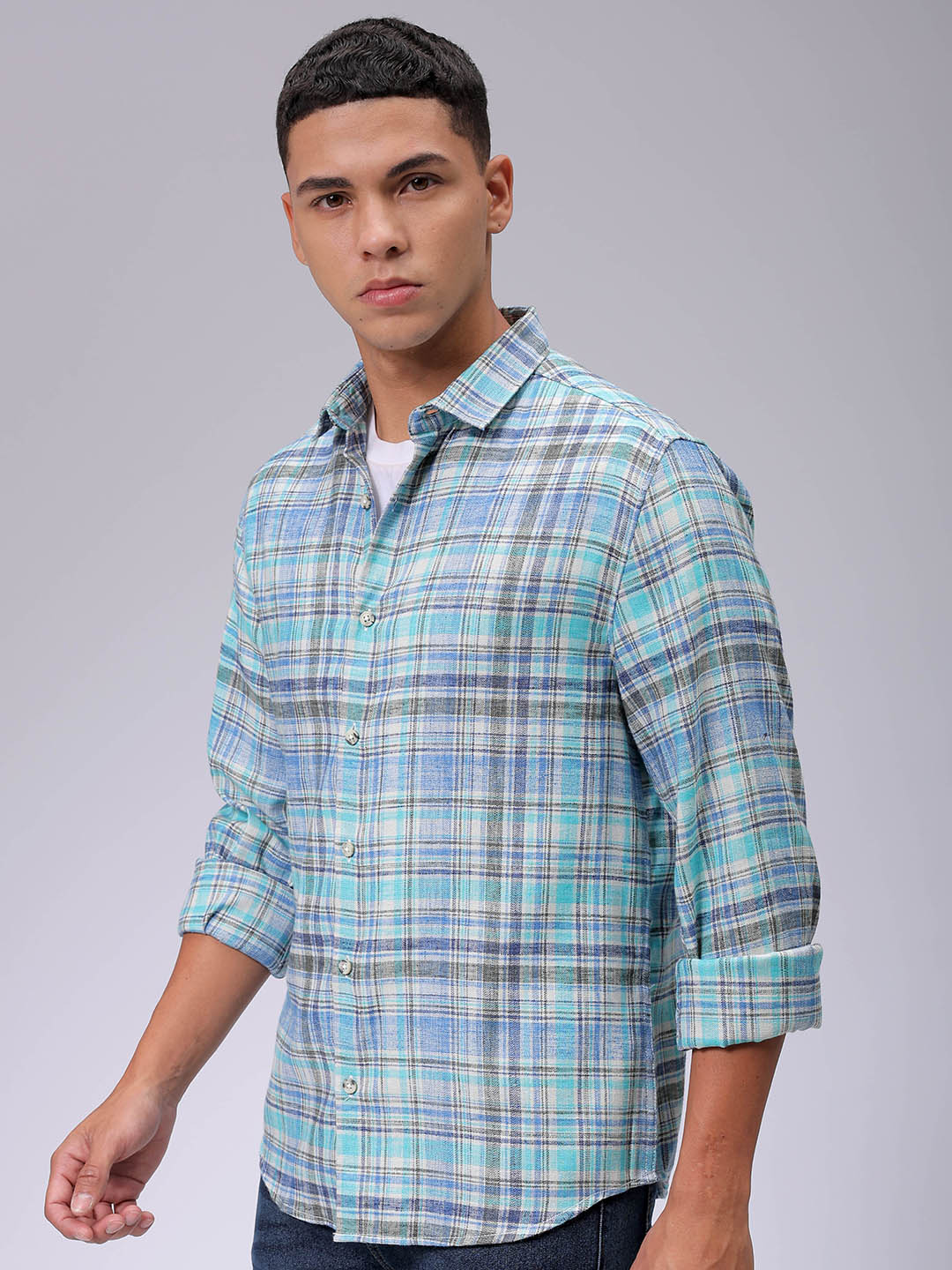 Men's Blue Slim Fit Checked Casual Shirt