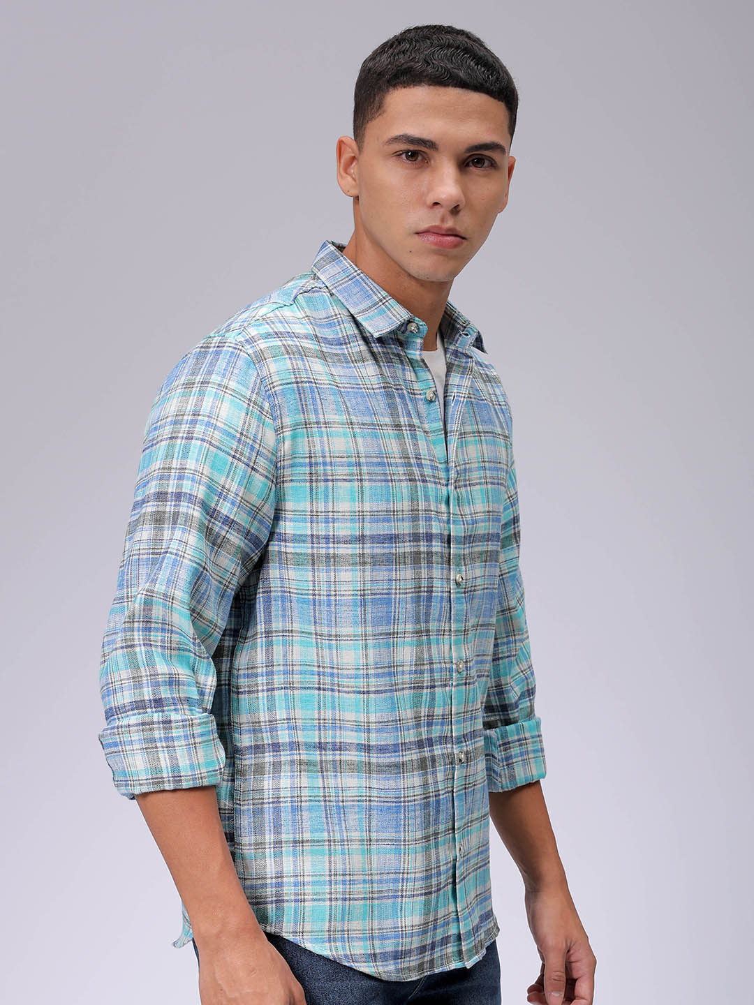 Men's Blue Slim Fit Checked Casual Shirt