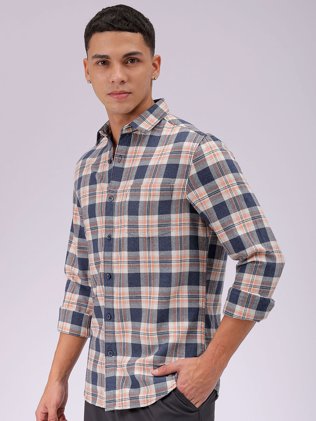 Men's Coral Slim Fit Checked Casual Shirt