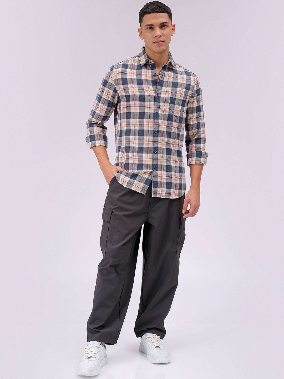 Men's Coral Slim Fit Checked Casual Shirt