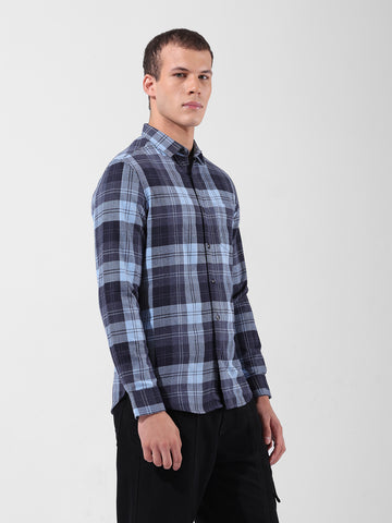 Men's Blue Slim Fit Checkered Casual Shirt