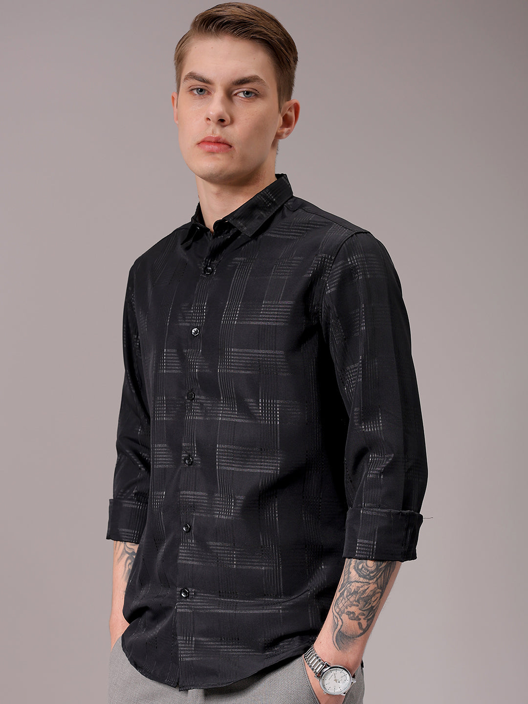 Men's Black Slim Fit Solid Partywear Shirt