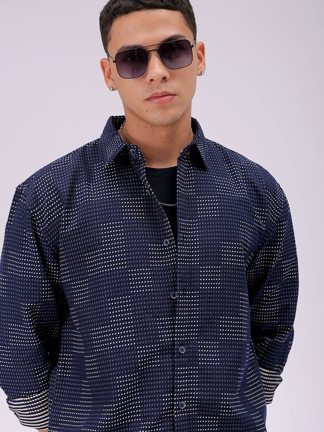 Men's Navy Blue Relaxed Fit Solid Resortwear Shirt