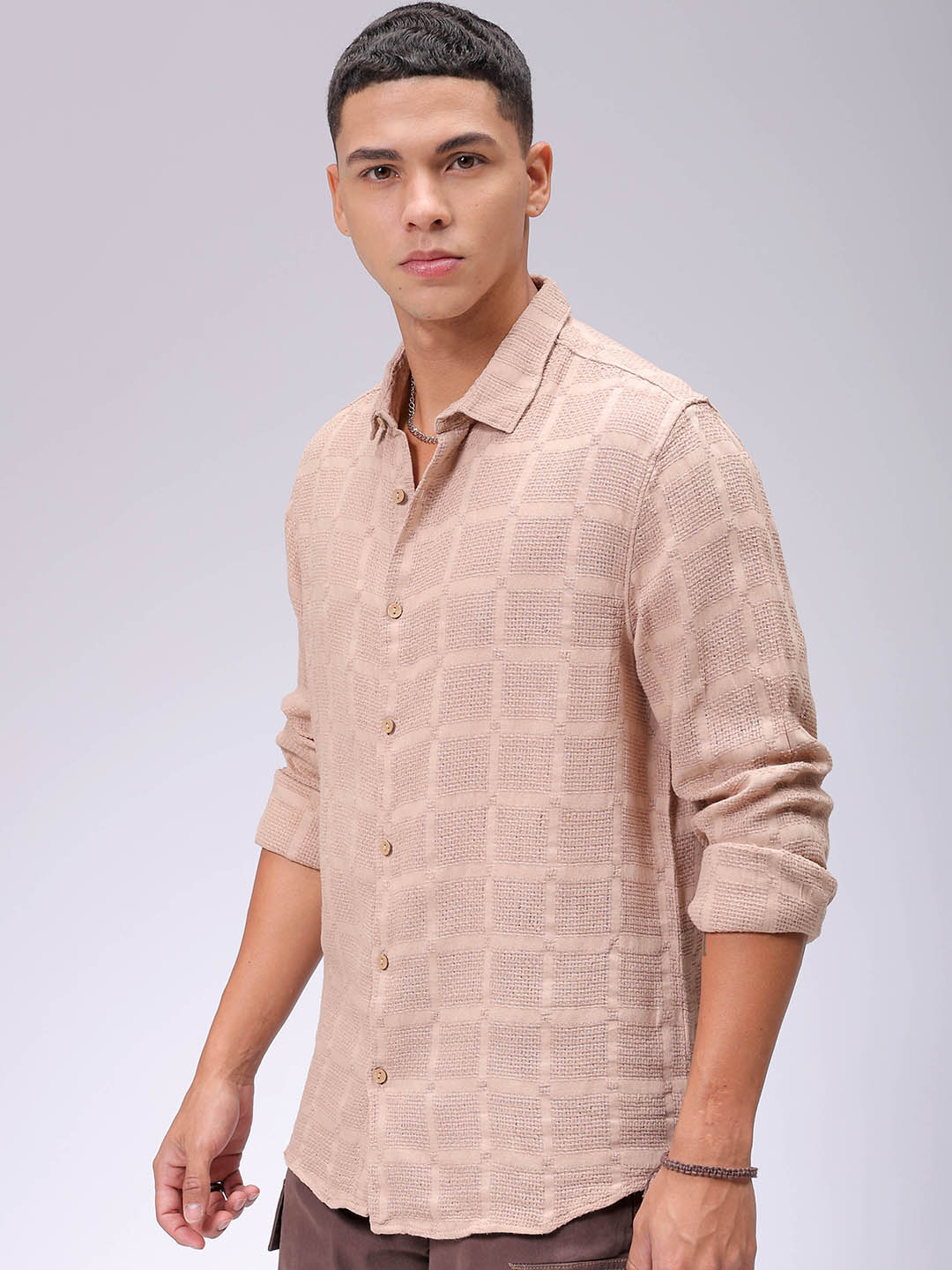 Men's Brown Regular Fit Textured Resortwear Shirt