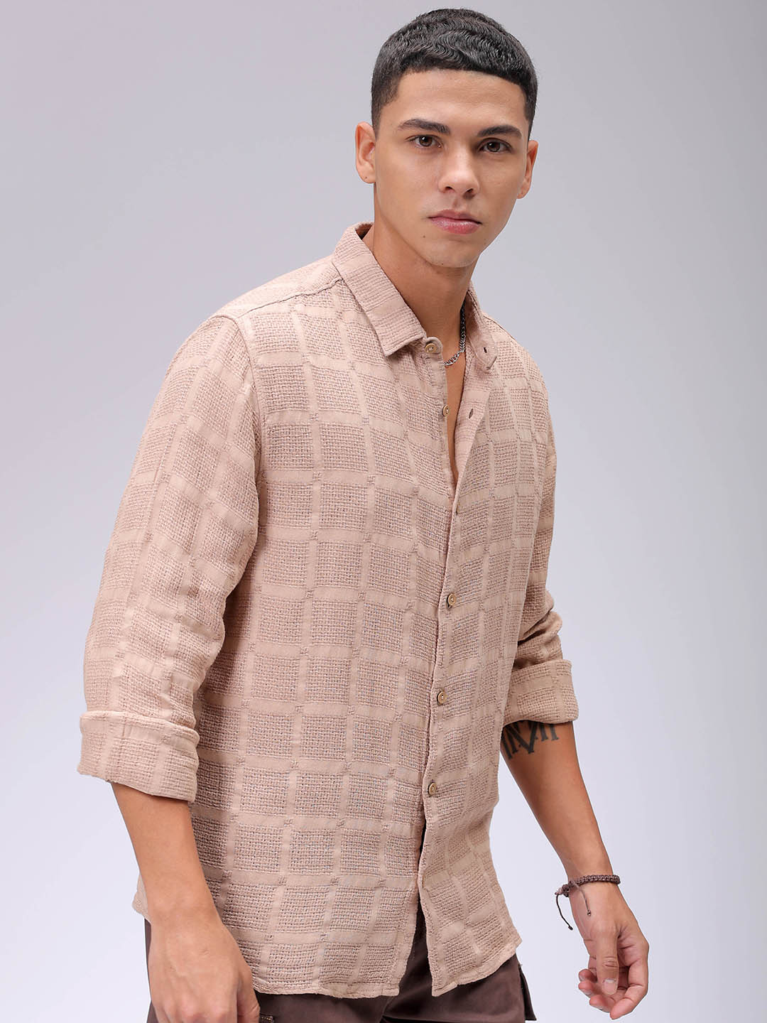 Men's Brown Regular Fit Textured Resortwear Shirt