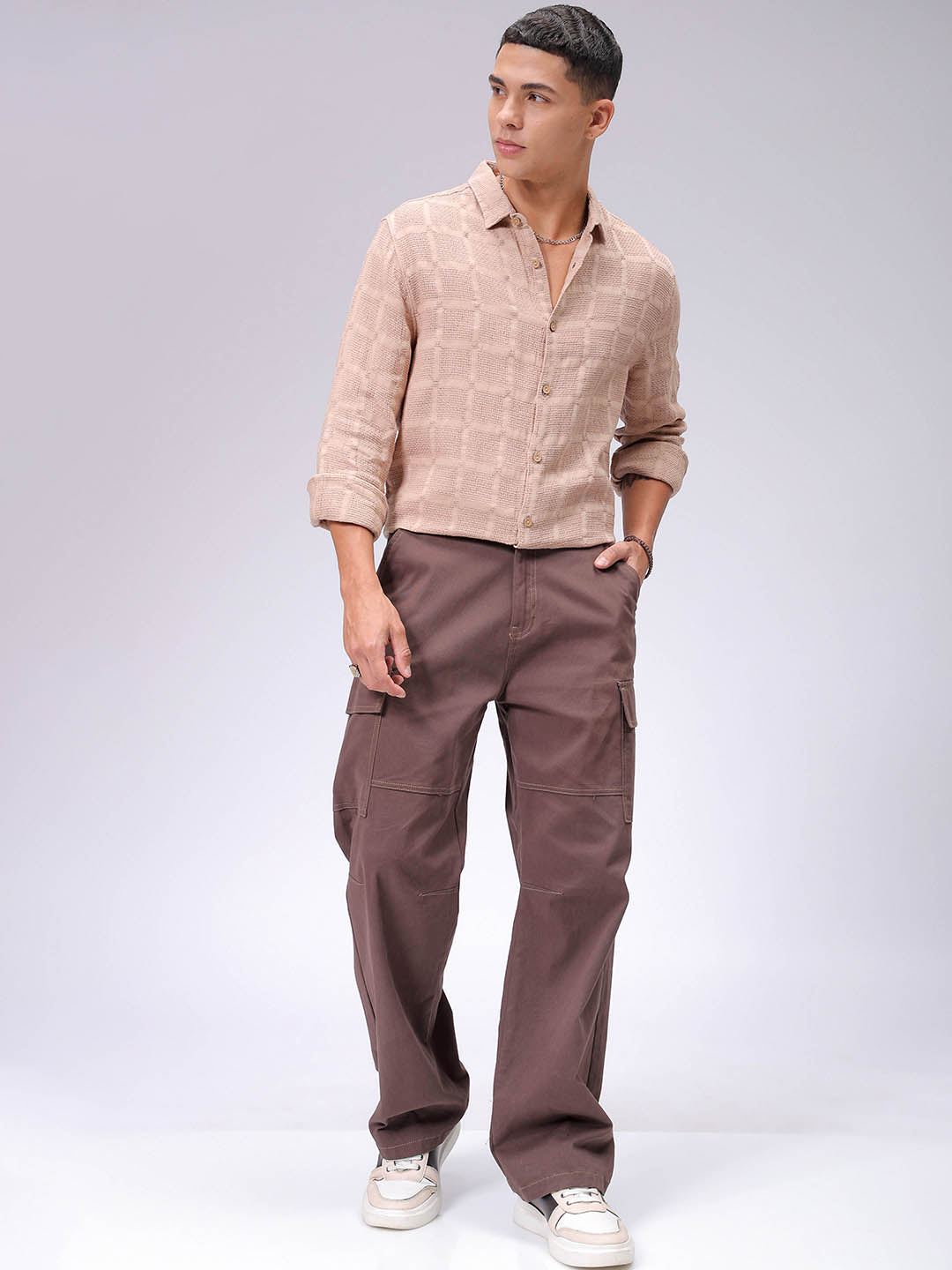 Men's Brown Regular Fit Textured Resortwear Shirt