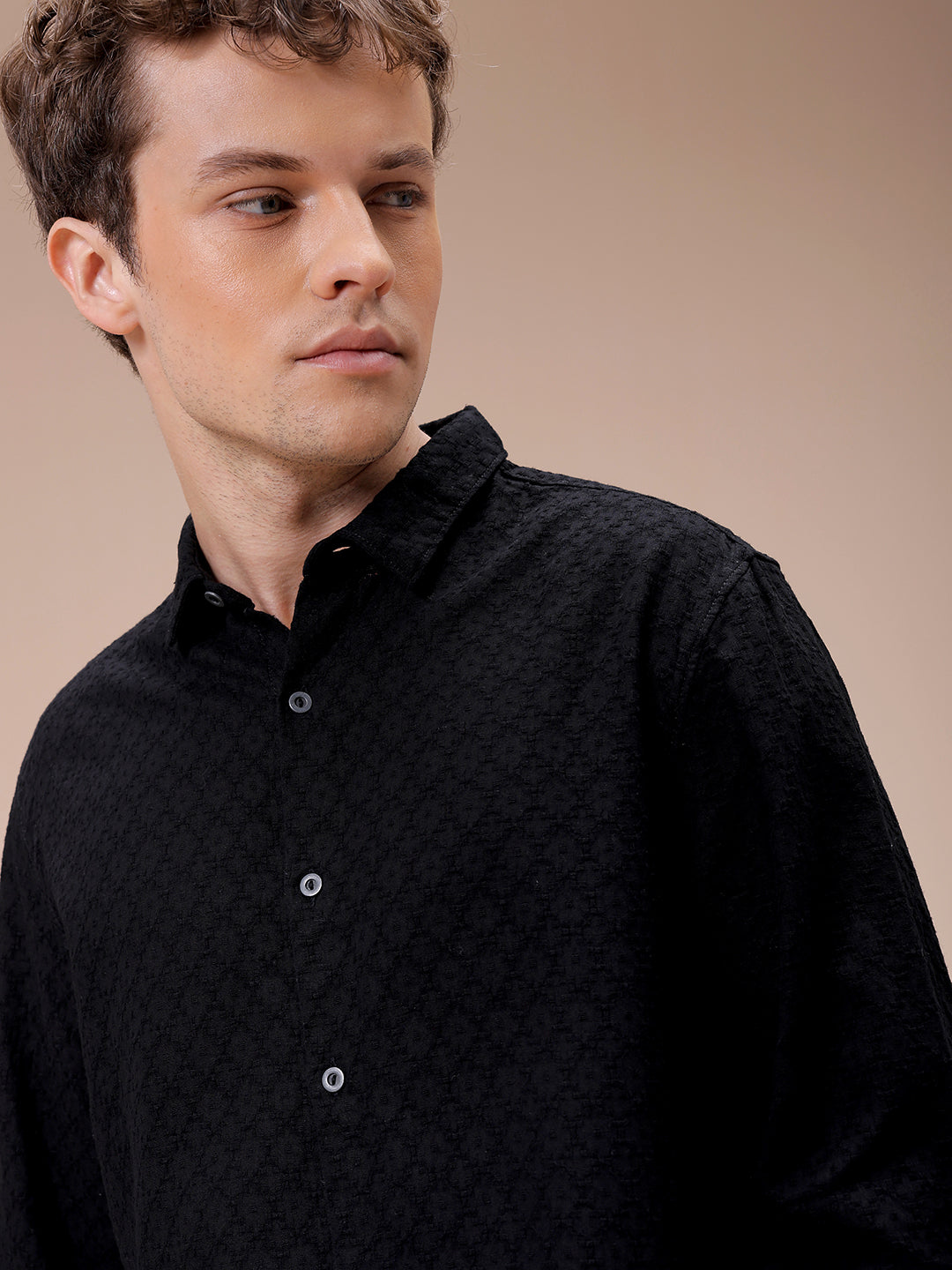 Men's Black Regular Fit Textured Resortwear Shirt