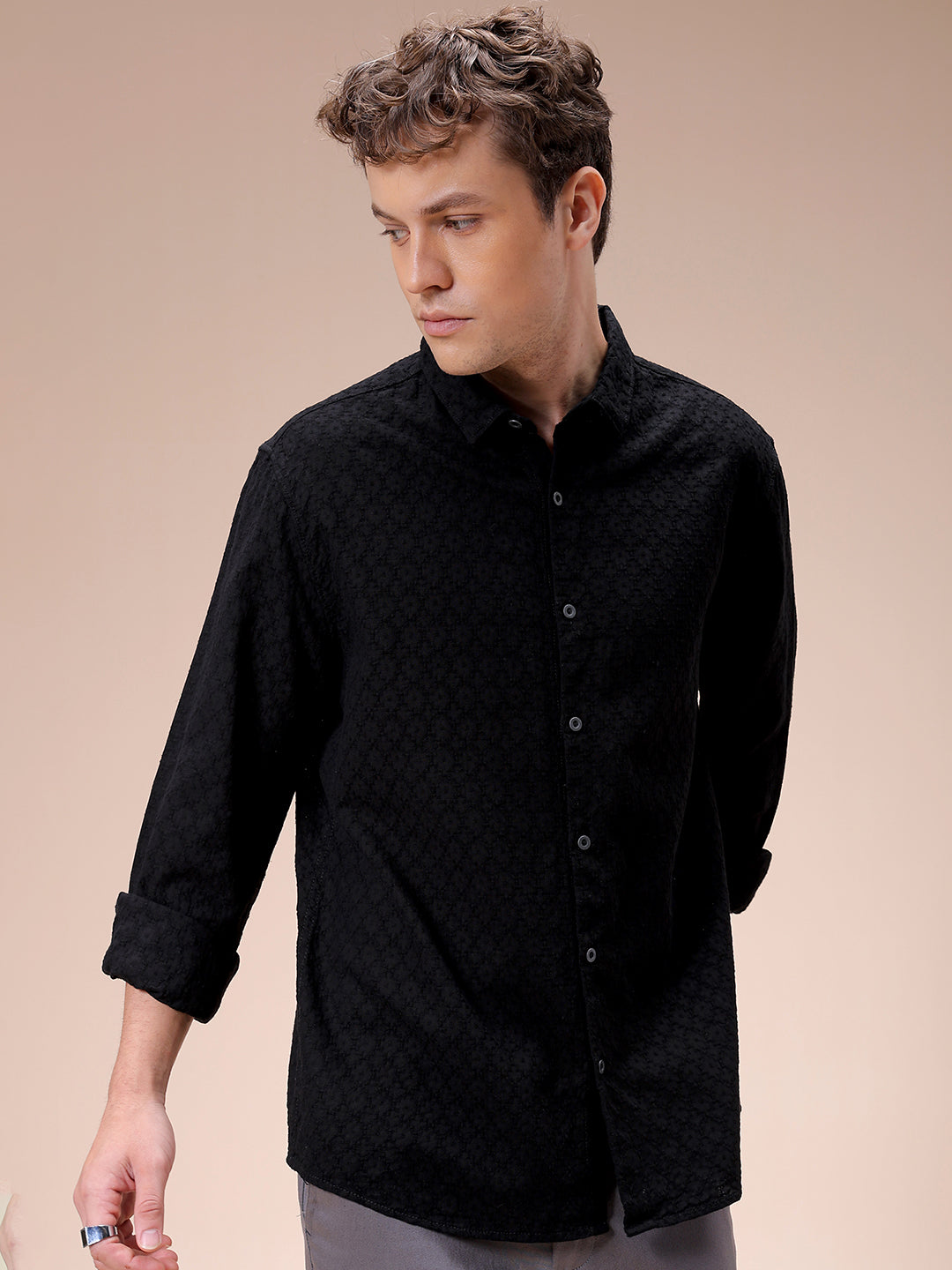 Men's Black Regular Fit Textured Resortwear Shirt