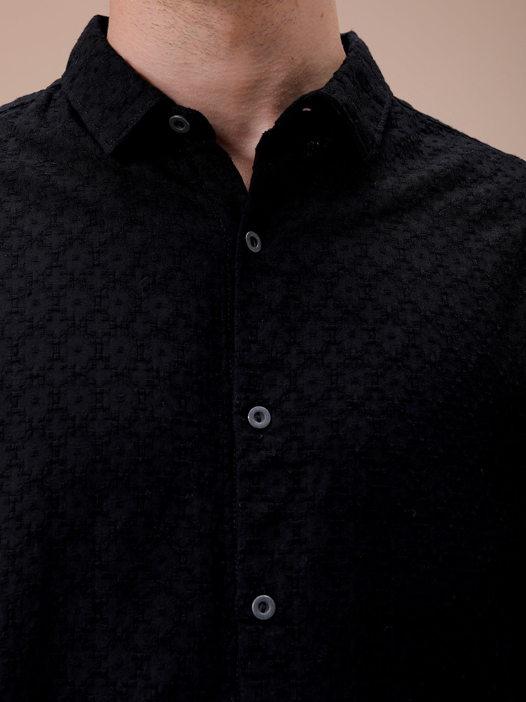 Men's Black Regular Fit Textured Resortwear Shirt