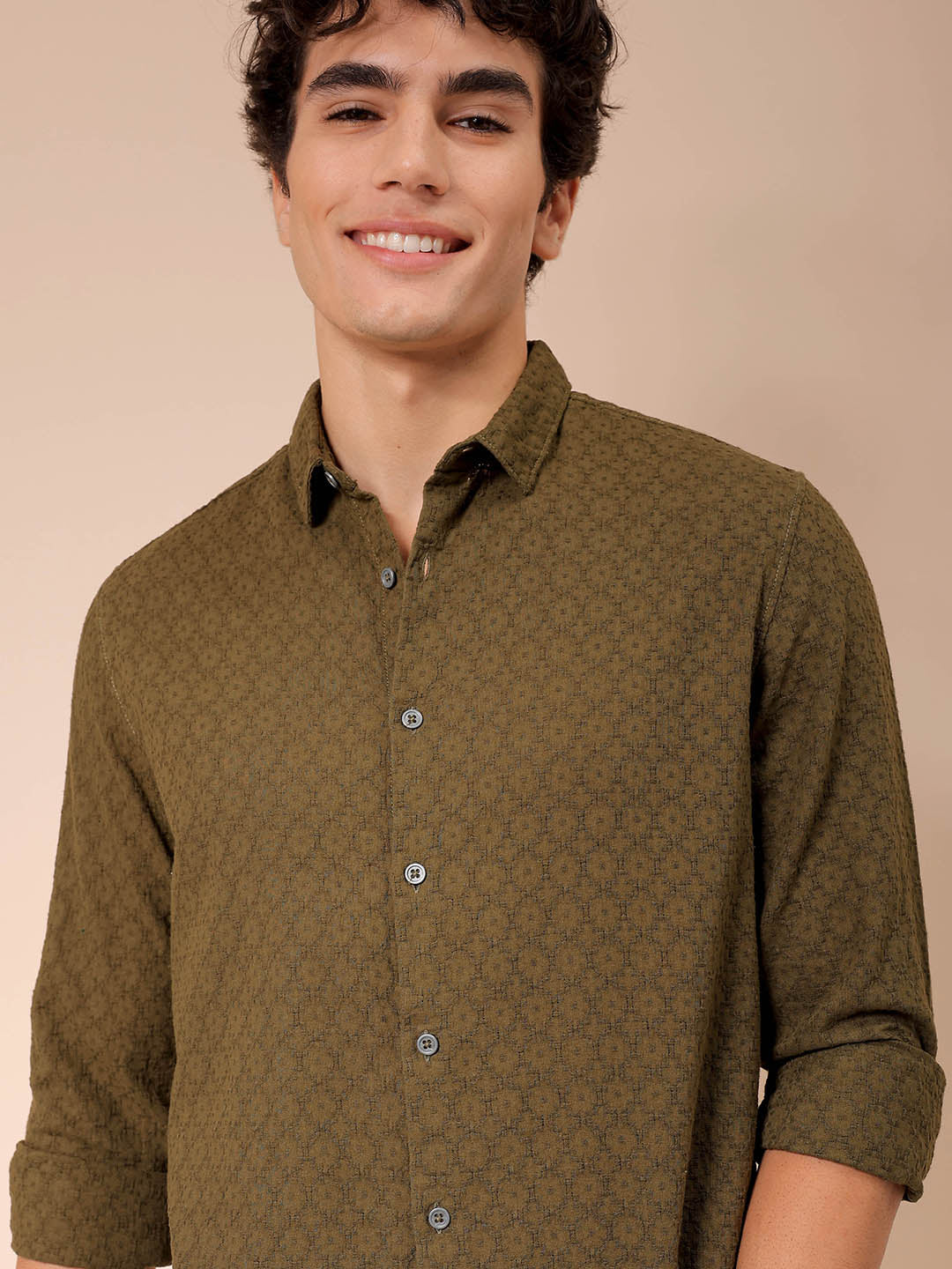 Men's Olive Regular Fit Textured Resortwear Shirt