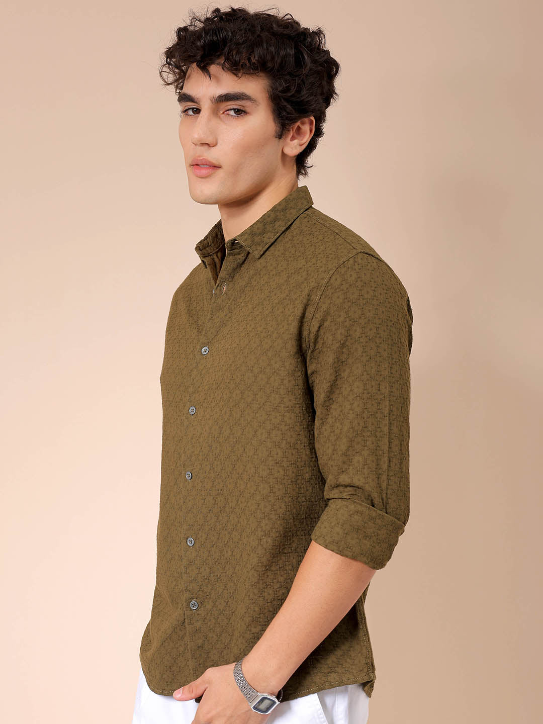 Men's Olive Regular Fit Textured Resortwear Shirt